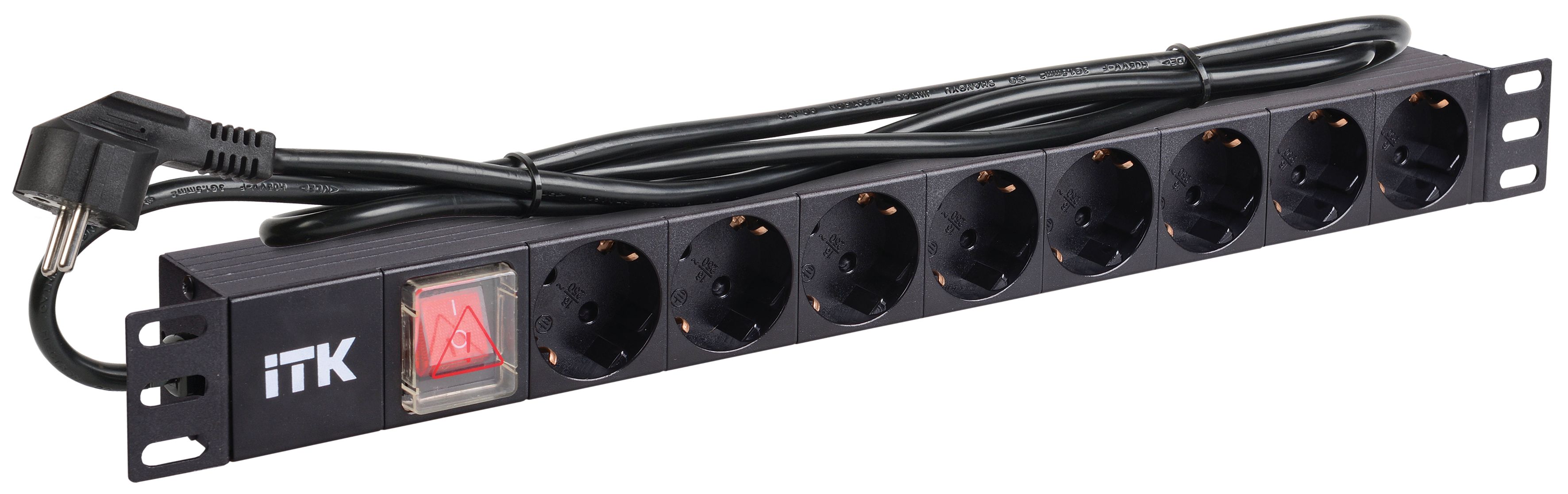 ITK PDU 8 розеток нем. стандарт, с LED выключателем, 1U, шнур 2м вилка нем. стандарт, алюминиевый профиль