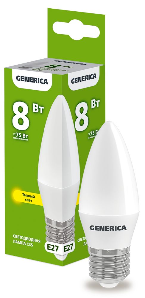 Лампа светодиодная C35 свеча 8Вт 230В 3000К E27 GENERICA