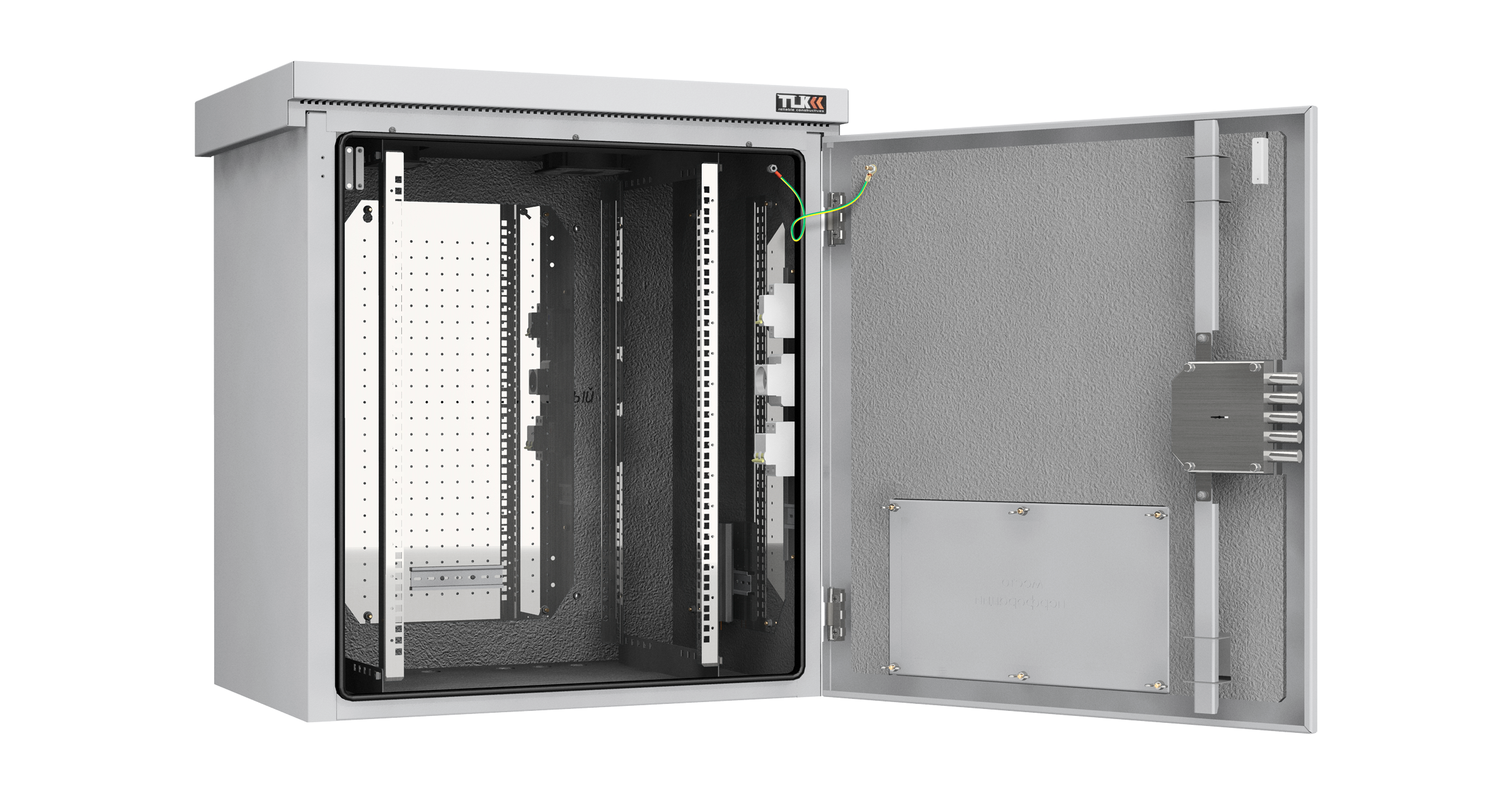 Шкаф NIKOMAX настенный климатический TWK-158256-M-GY-KIT01, Lite, IP55, Ш821хВ882хГ566 мм, цвет серый, муар, RAL 7035. Комплектация: монтажные направляющие - 2 пары, рым-болт М8 - 4 шт., сальник-ввод отверст. 36 мм - 6шт., монтажная панель - 3 шт., дин-рейка - 6 шт., розетка с заземляющим контактом на DIN-рейку 16А - 1 шт., автомат-1P 16А -1 шт., автомат-1P 6А - 2 шт., термостат для вентиляторов - 1 шт., термостат для обогревателей - 1 шт., отопитель конвекционный 150 Вт - 2 шт., шина заземления 8-12-6-КС-С - 1 шт., шина на ноль - 1 шт., вентилятор SH-05F 220В 12038А2 - 2 шт., решетка+фильтр вентилятора 120х120 мм - 2 шт., датчик открытия - 1 шт., провода заземления - 7 шт., ключи - 3шт. — фото