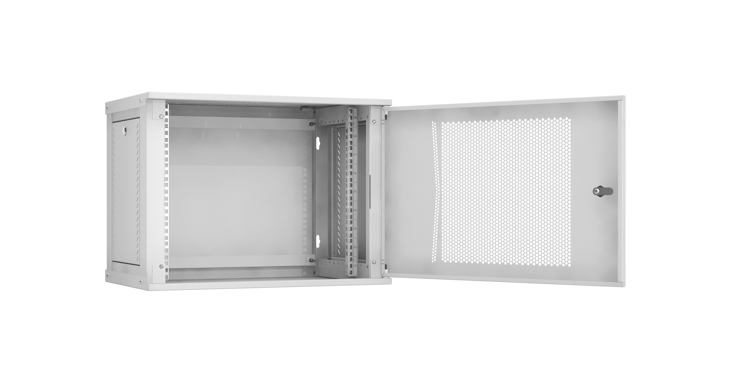 Настенный разборный шкаф NIKOMAX Essential Line 19", 9U, перфорированная дверь, Ш600хВ436хГ350мм, 1 пара монтажных направляющих, серый — фото