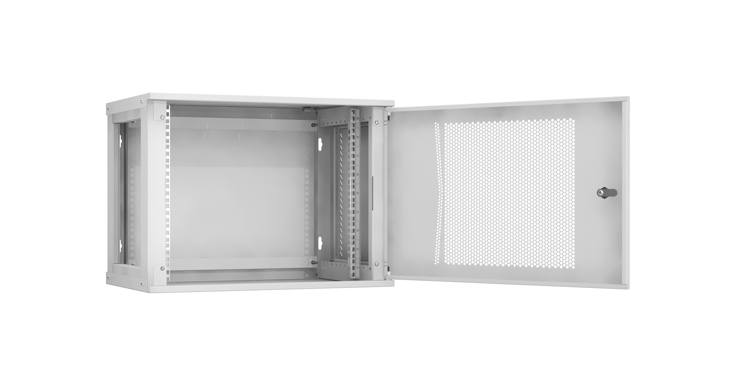 Настенный разборный шкаф NIKOMAX Essential Line 19", 9U, перфорированная дверь, Ш600хВ436хГ350мм, 1 пара монтажных направляющих, серый — фото