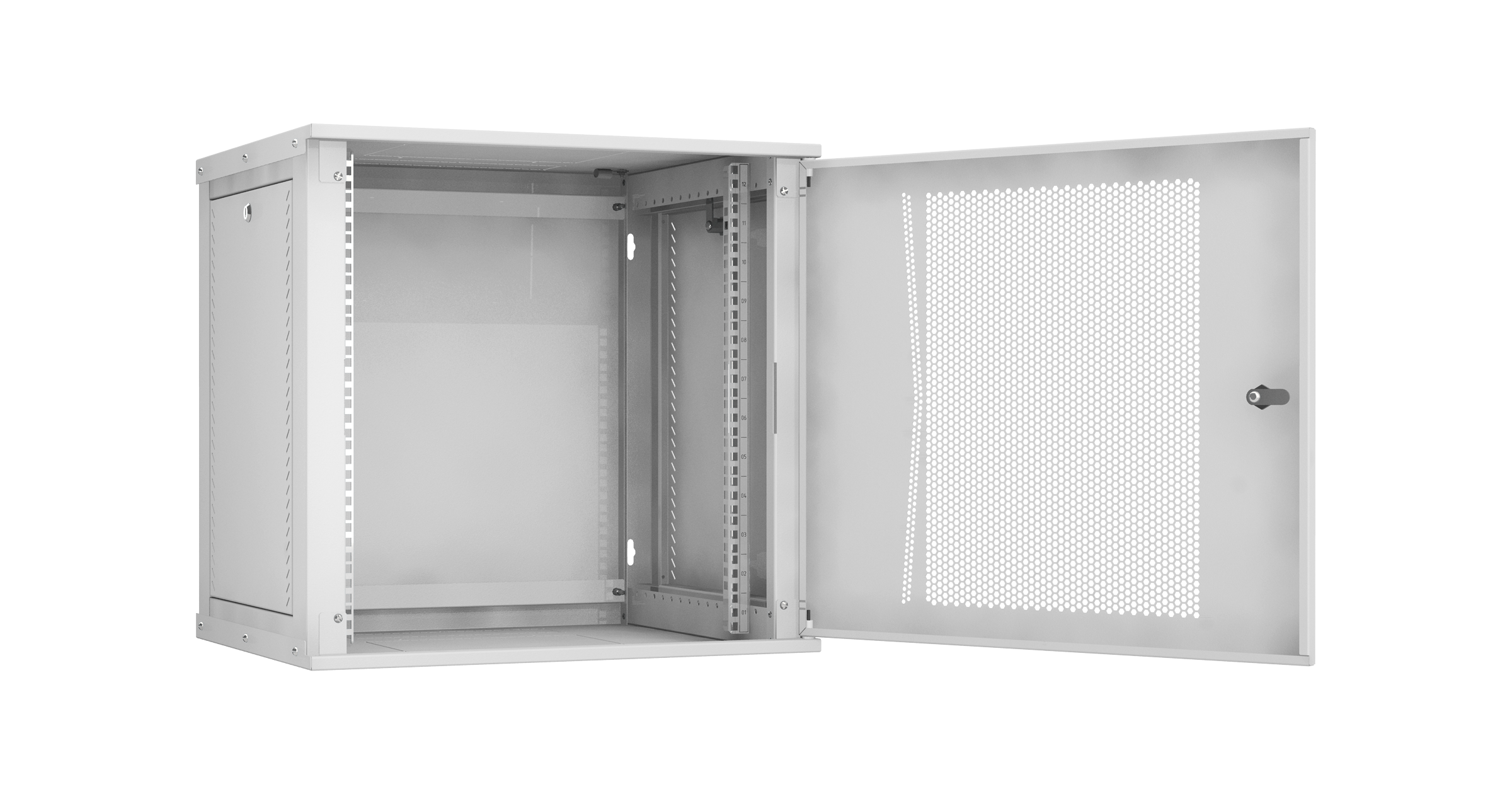 Настенный разборный шкаф NIKOMAX Essential Line 19", 12U, перфорированная дверь, Ш600хВ569хГ450мм, 1 пара монтажных направляющих, серый — фото
