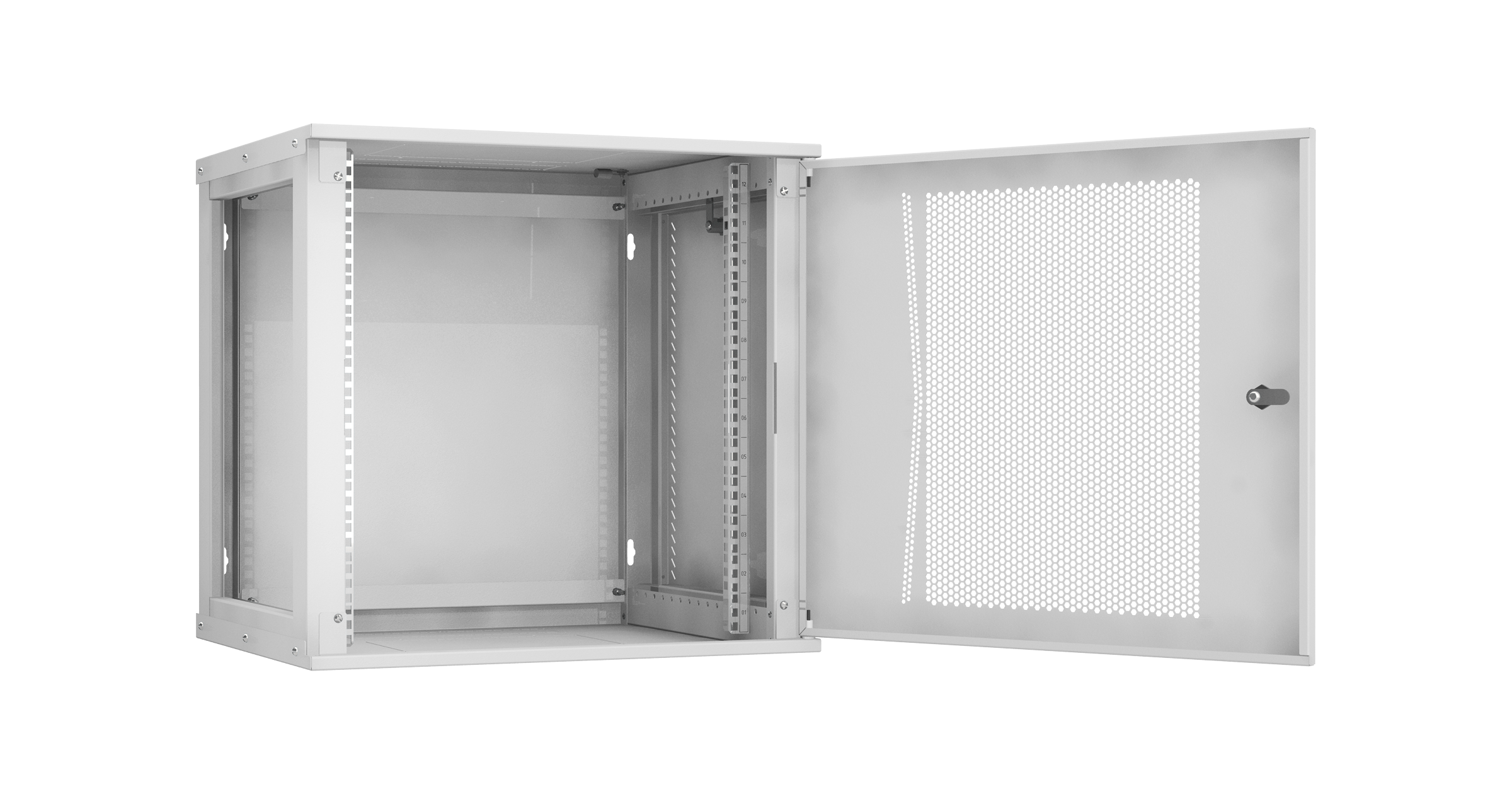 Настенный разборный шкаф NIKOMAX Essential Line 19", 12U, перфорированная дверь, Ш600хВ569хГ450мм, 1 пара монтажных направляющих, серый — фото
