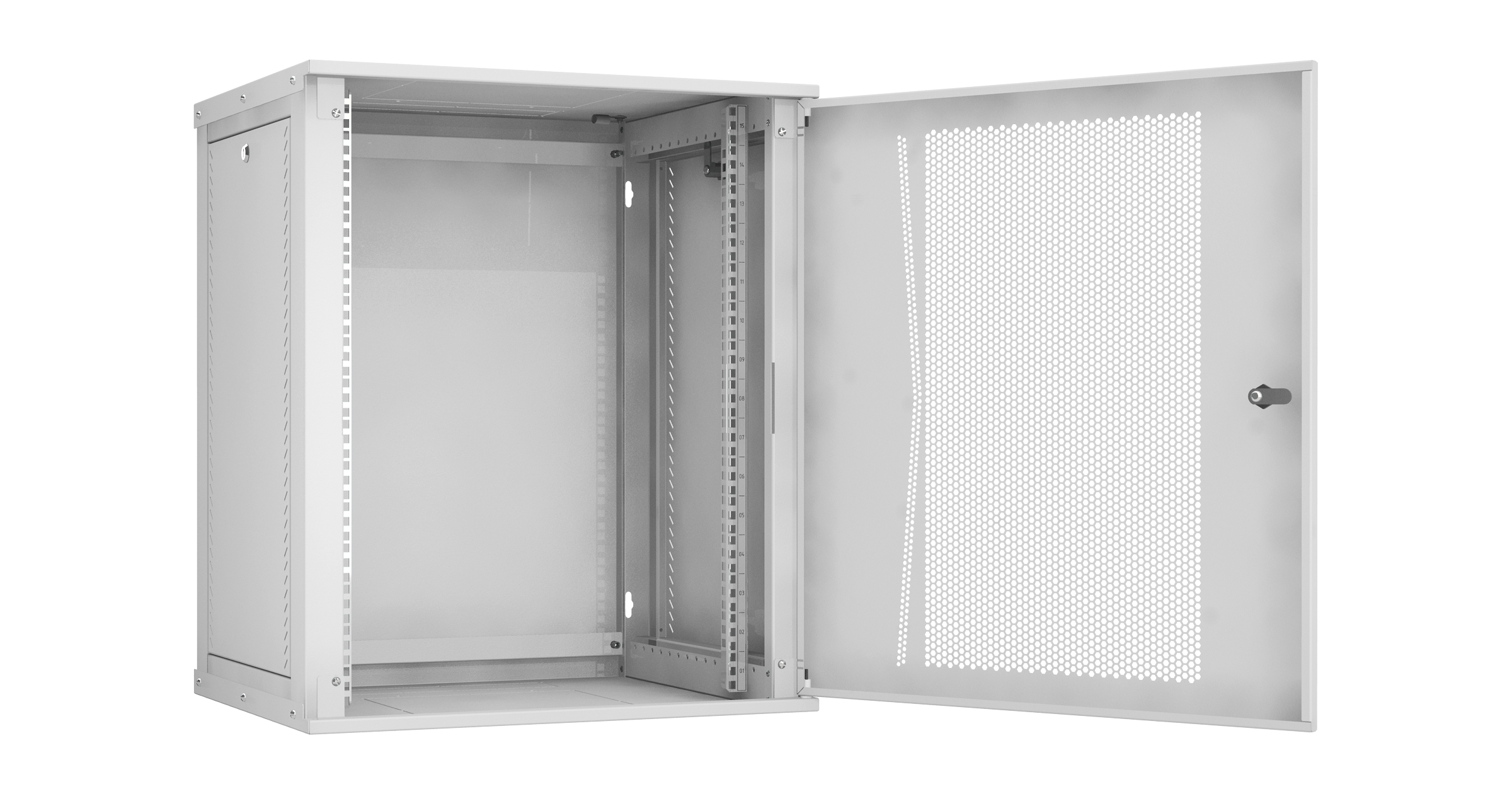 Настенный разборный шкаф NIKOMAX Essential Line 19", 15U, перфорированная дверь, Ш600хВ703хГ450мм, 1 пара монтажных направляющих, серый — фото
