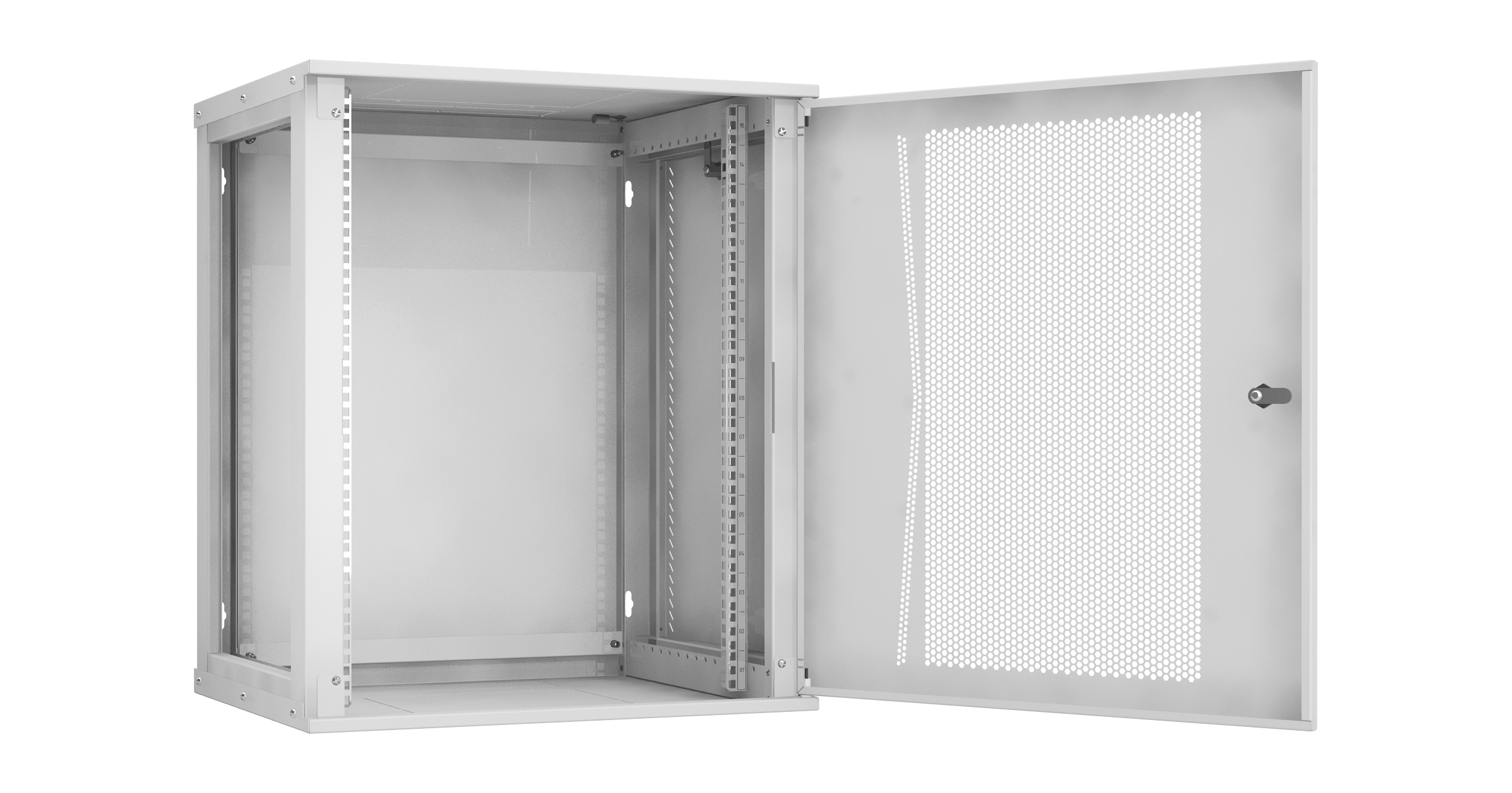 Настенный разборный шкаф NIKOMAX Essential Line 19", 15U, перфорированная дверь, Ш600хВ703хГ450мм, 1 пара монтажных направляющих, серый — фото
