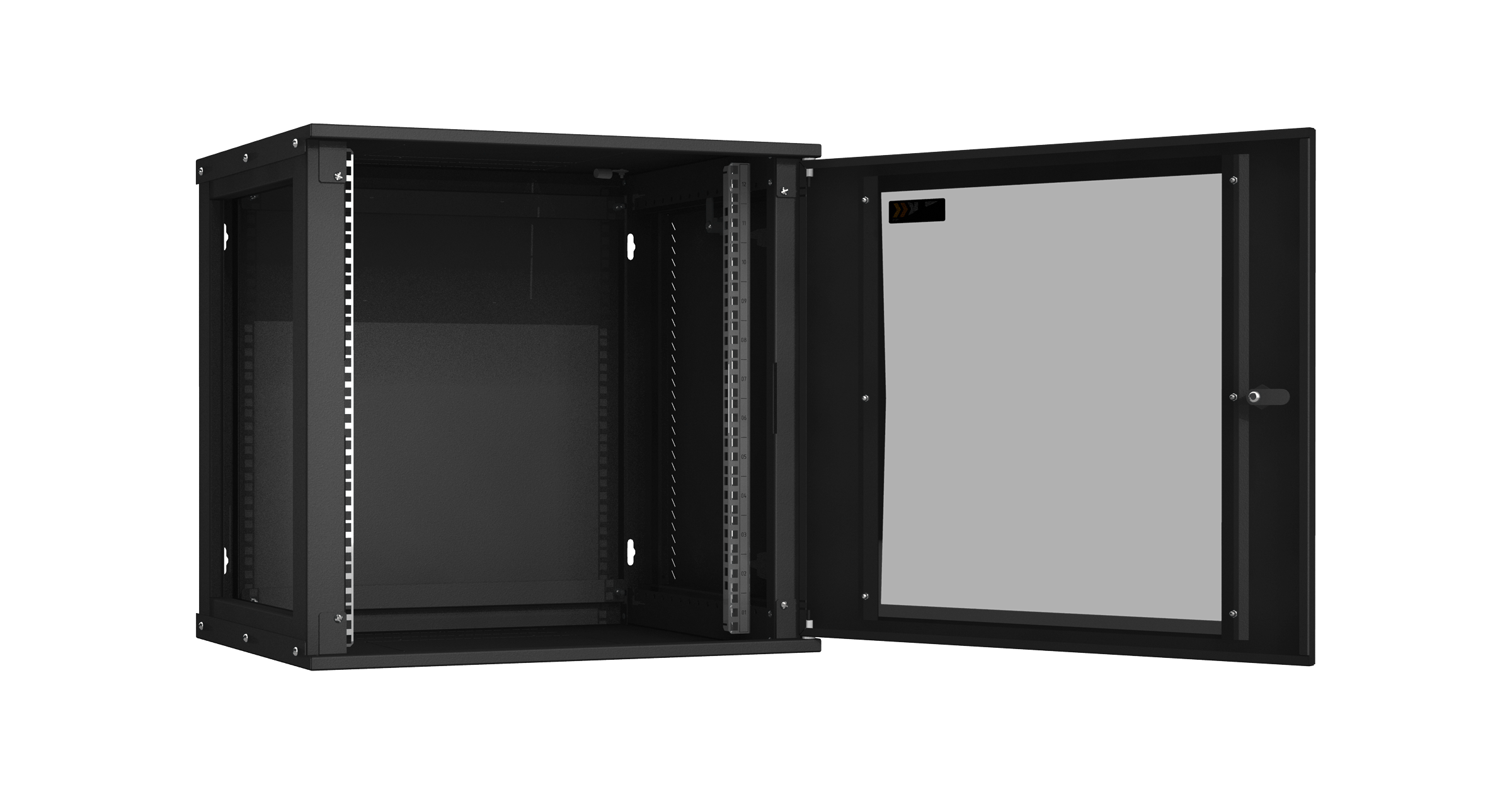 Настенный разборный шкаф NIKOMAX Essential Line 19", 12U, стеклянная дверь, Ш600хВ569хГ450мм, 1 пара монтажных направляющих, черный — фото