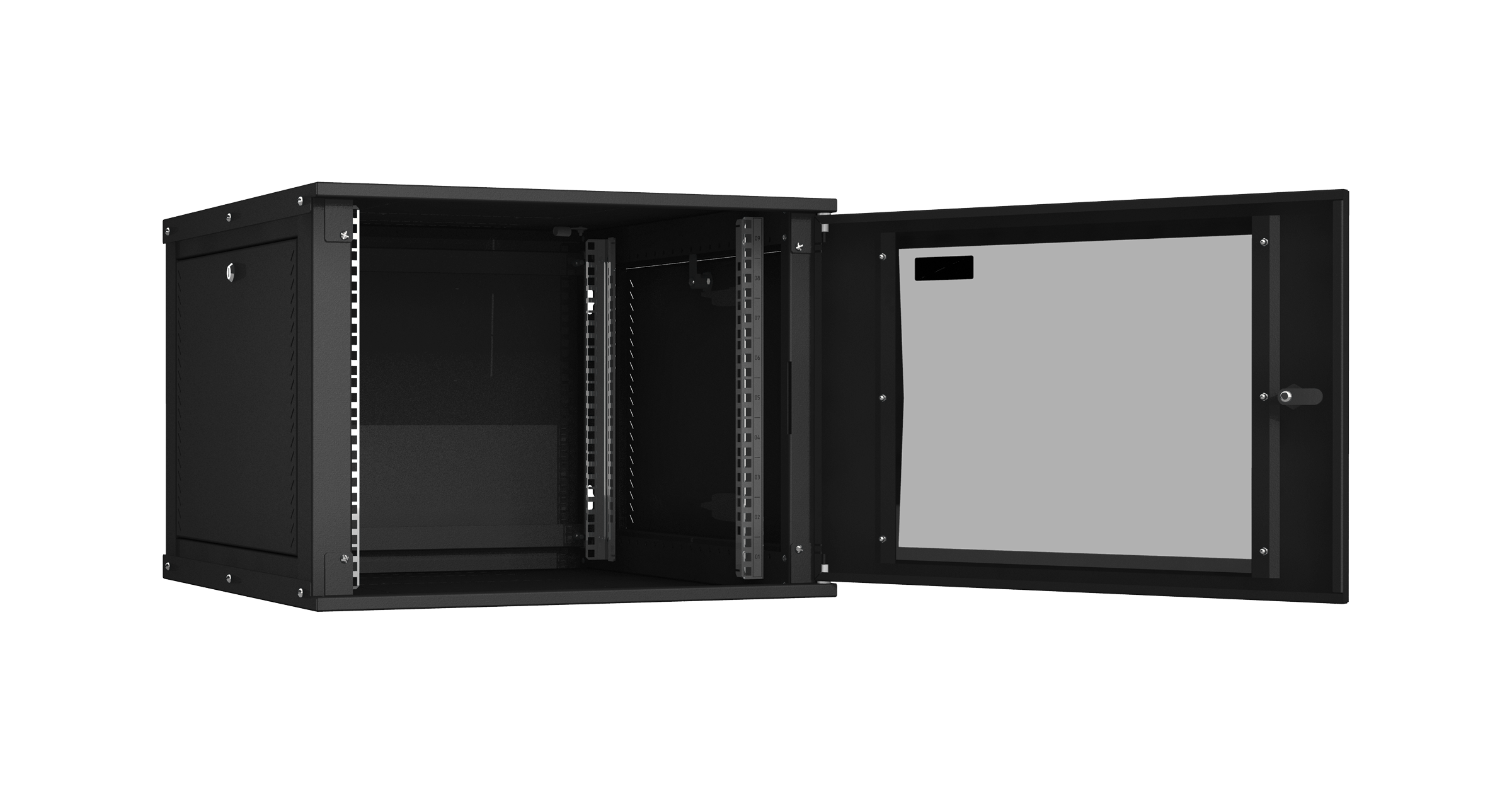 Настенный разборный шкаф NIKOMAX Essential Line 19", 9U, стеклянная дверь, Ш600хВ436хГ600мм, 2 пары монтажных направляющих, черный — фото