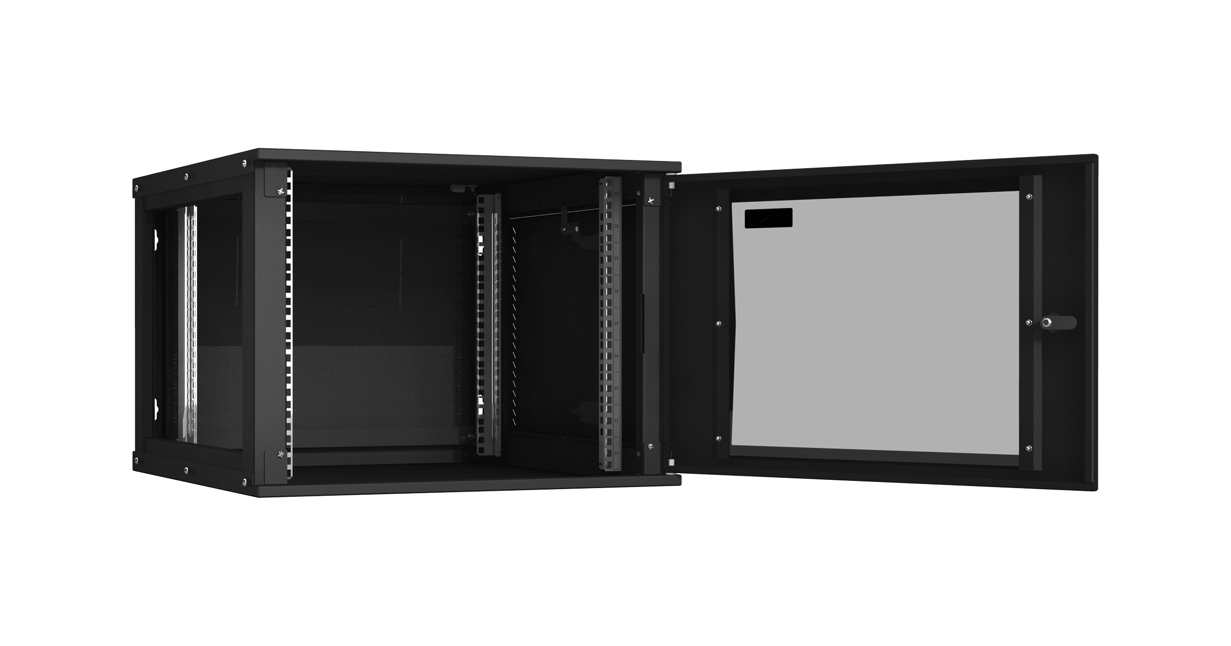 Настенный разборный шкаф NIKOMAX Essential Line 19", 9U, стеклянная дверь, Ш600хВ436хГ600мм, 2 пары монтажных направляющих, черный — фото