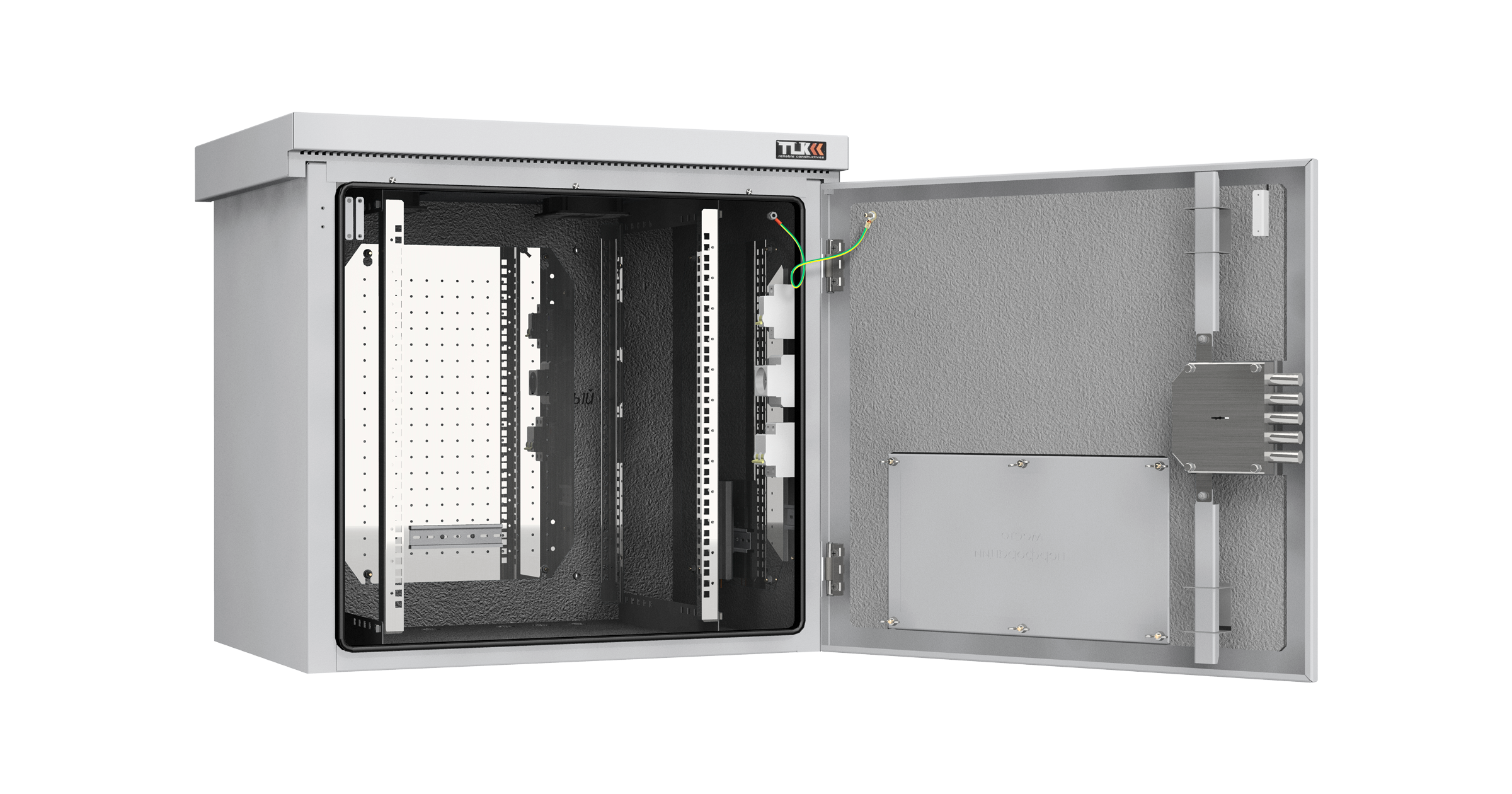 Шкаф NIKOMAX настенный климатический TWK-128256-M-GY-KIT01, Lite, IP55, Ш821хВ748хГ566 мм, цвет серый, муар, RAL 7035. Комплектация: монтажные направляющие - 2 пары, рым-болт М8 - 4 шт., сальник-ввод отверст. 36 мм - 6шт., монтажная панель - 3 шт., дин-рейка - 6 шт., розетка с заземляющим контактом на DIN-рейку 16А - 1 шт., автомат-1P 16А -1 шт., автомат-1P 6А - 2 шт., термостат для вентиляторов - 1 шт., термостат для обогревателей - 1 шт., отопитель конвекционный 150 Вт - 2 шт., шина заземления 8-12-6-КС-С - 1 шт., шина на ноль - 1 шт., вентилятор SH-05F 220В 12038А2 - 2 шт., решетка+фильтр вентилятора 120х120 мм - 2 шт., датчик открытия - 1 шт., провода заземления - 7 шт., ключи - 3шт. — фото