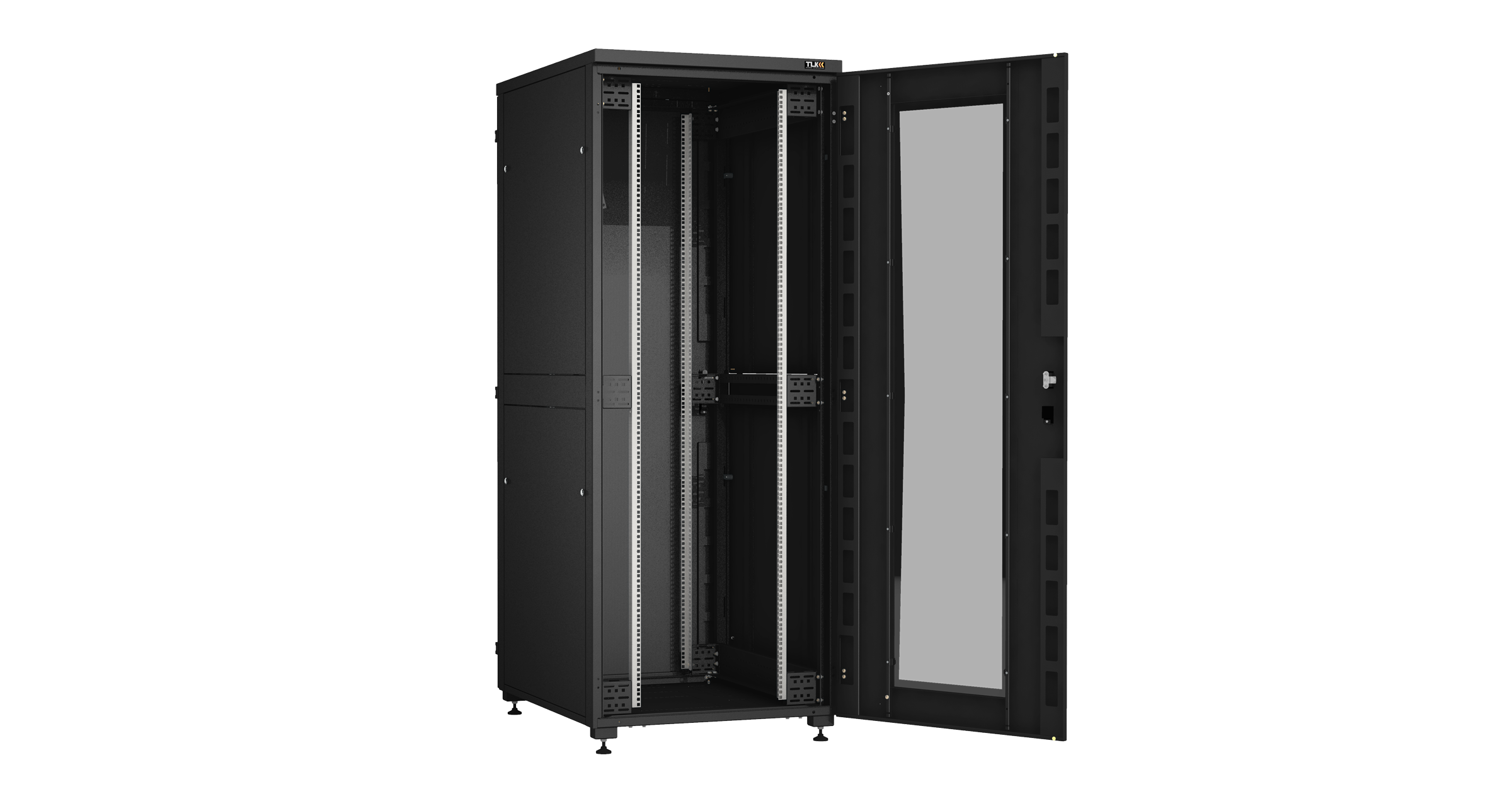 Напольный шкаф NIKOMAX Essential Line серии TFI-R 19", 42U, стеклянная дверь, цельнометаллические двухуровневые стенки и задняя дверь, Ш800хВ2042хГ1000мм, в разобранном виде, черный RAL9005 — фото