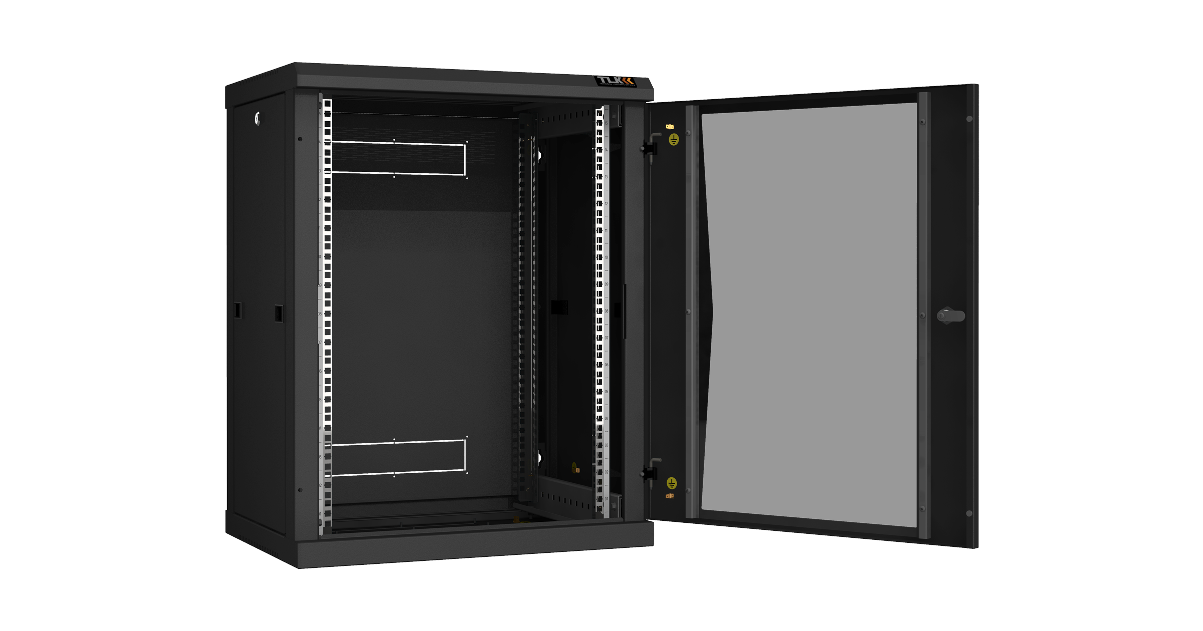 Настенный разборный шкаф NIKOMAX 19", 15U, стеклянная дверь, Ш600хВ770хГ450мм, 2 пары монтажных направляющих, черный — фото