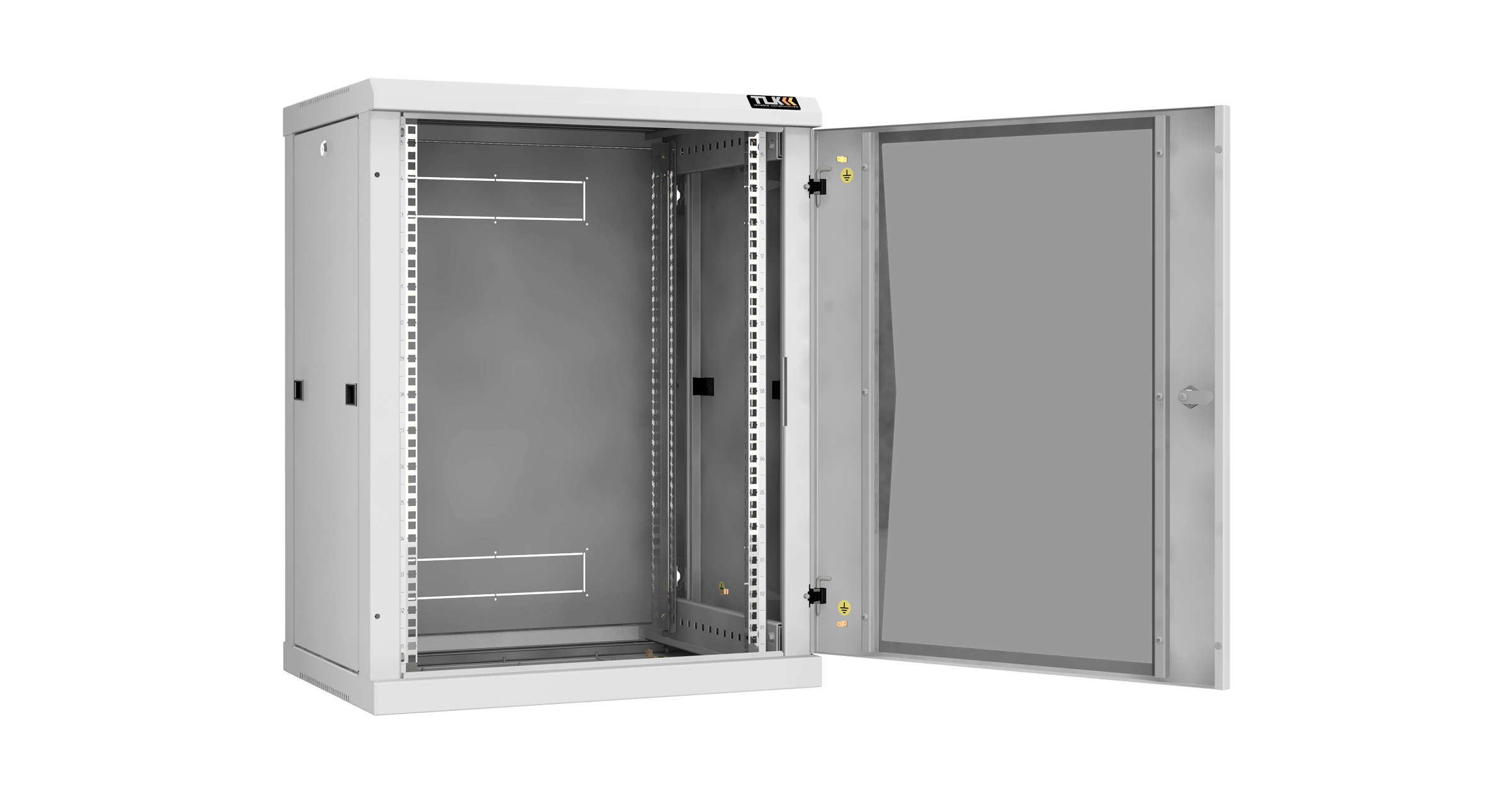 Настенный разборный шкаф NIKOMAX 19", 15U, стеклянная дверь, Ш600хВ770хГ450мм, 2 пары монтажных направляющих, серый — фото