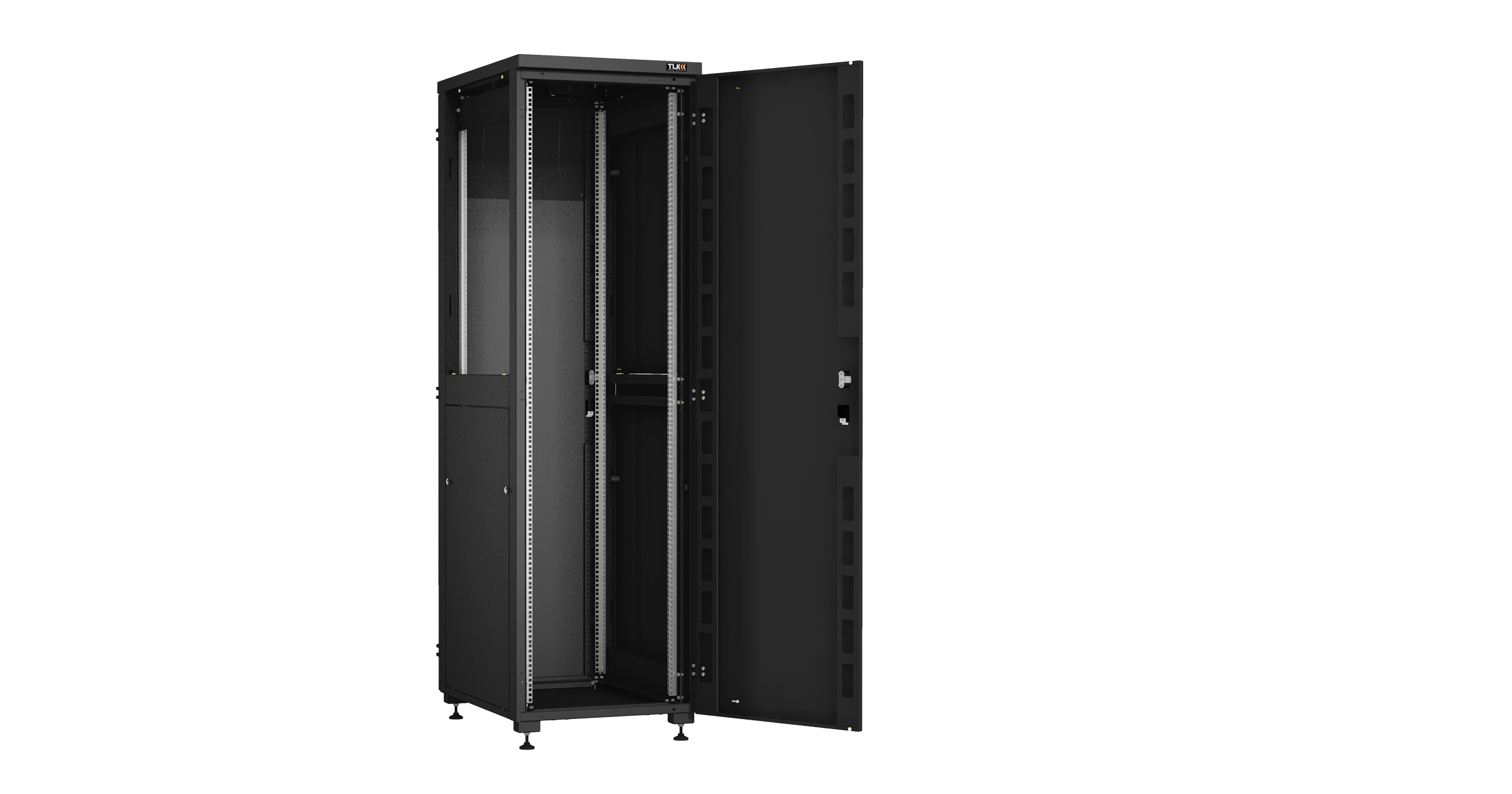 Напольный шкаф NIKOMAX Essential Line серии TFI-R 19", 42U, металлическая передняя и задняя дверь, цельнометаллические двухуровневые стенки, Ш600хВ2042хГ800мм, в разобранном виде, черный RAL9005 — фото