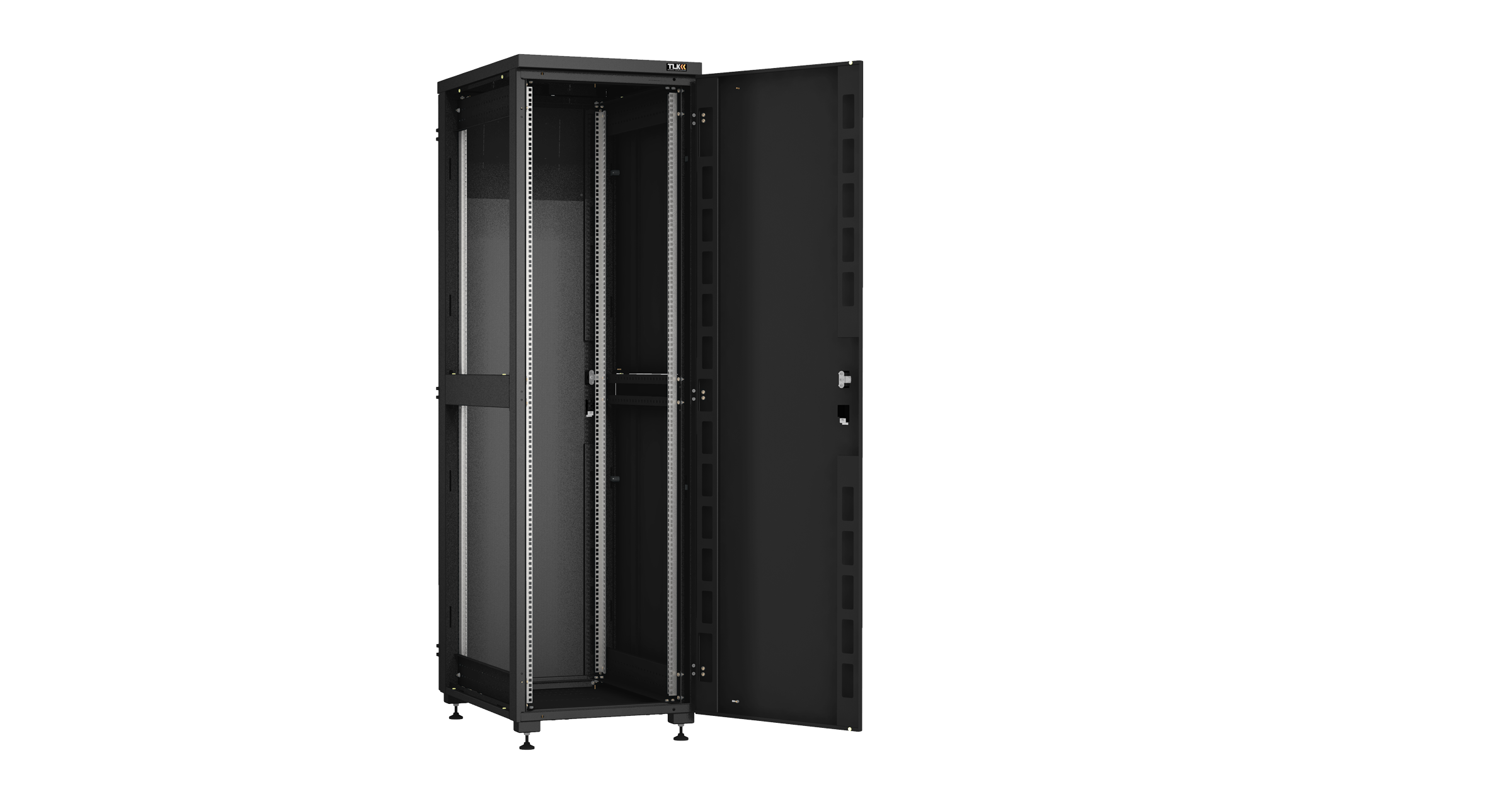 Напольный шкаф NIKOMAX Essential Line серии TFI-R 19", 42U, металлическая передняя и задняя дверь, цельнометаллические двухуровневые стенки, Ш600хВ2042хГ800мм, в разобранном виде, черный RAL9005 — фото