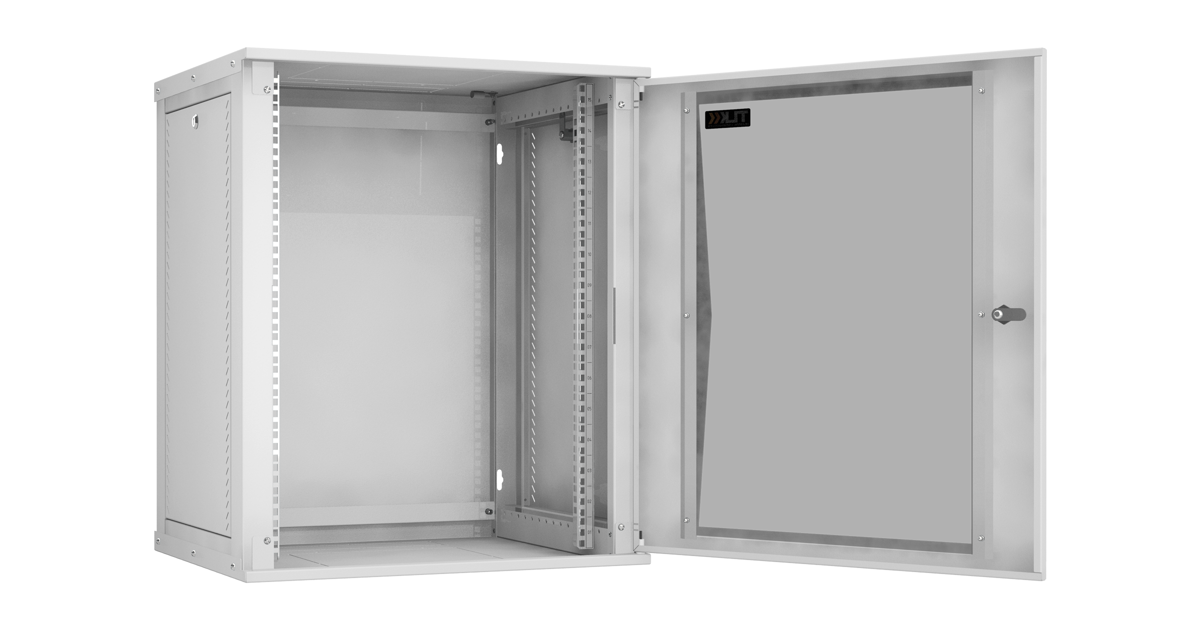 Настенный разборный шкаф NIKOMAX Essential Line 19", 15U, стеклянная дверь, Ш600хВ703хГ450мм, 1 пара монтажных направляющих, серый — фото