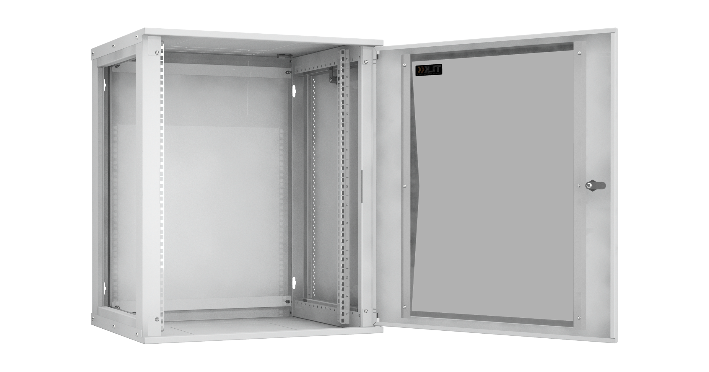 Настенный разборный шкаф NIKOMAX Essential Line 19", 15U, стеклянная дверь, Ш600хВ703хГ450мм, 1 пара монтажных направляющих, серый — фото