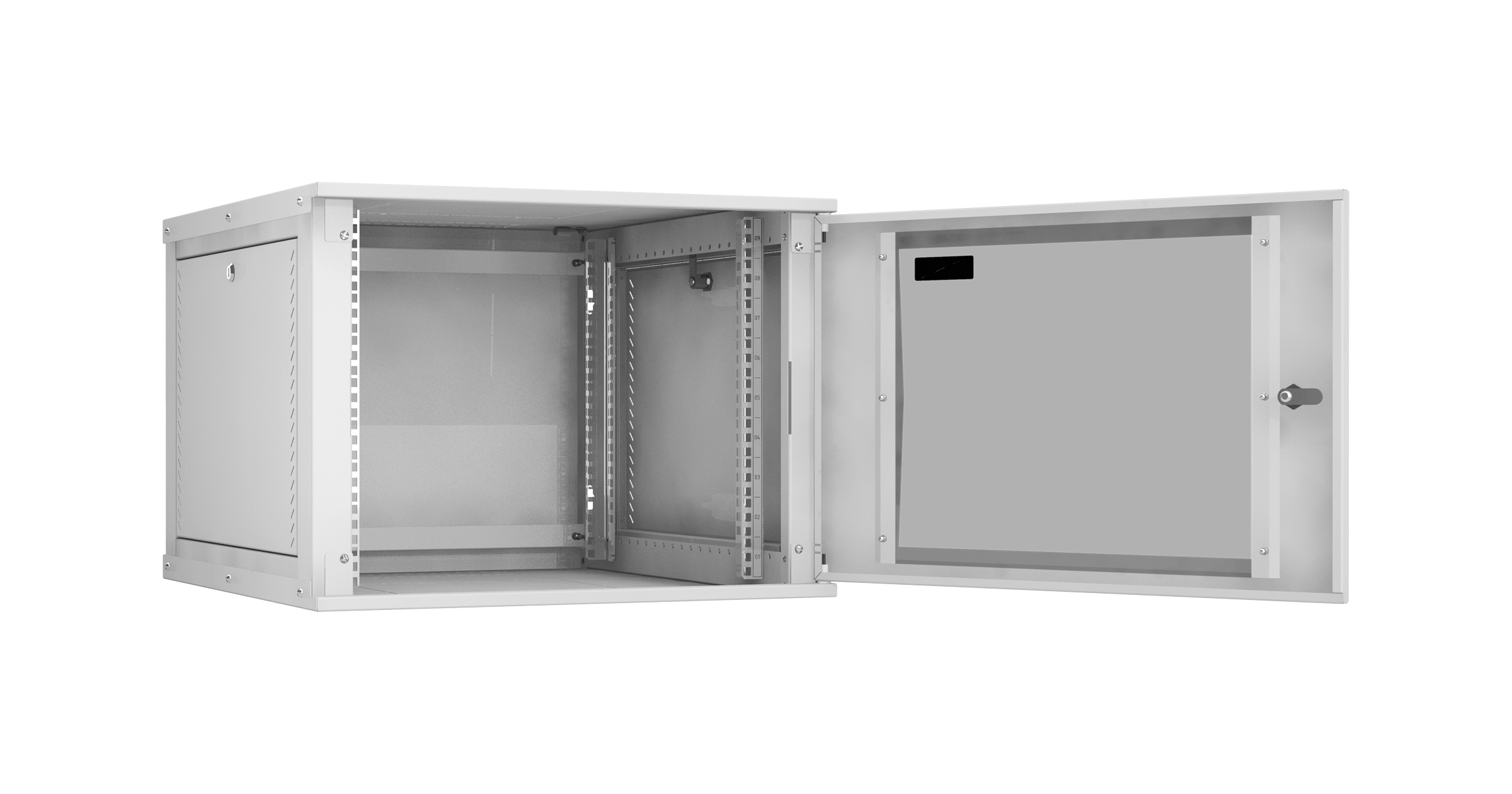 Настенный разборный шкаф NIKOMAX Essential Line 19", 9U, стеклянная дверь, Ш600хВ436хГ600мм, 2 пары монтажных направляющих, серый — фото