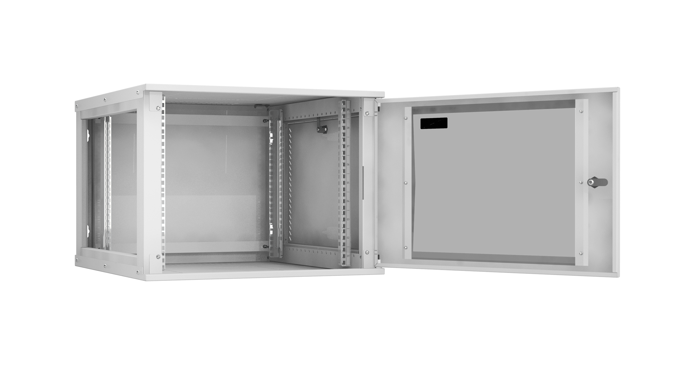 Настенный разборный шкаф NIKOMAX Essential Line 19", 9U, стеклянная дверь, Ш600хВ436хГ600мм, 2 пары монтажных направляющих, серый — фото