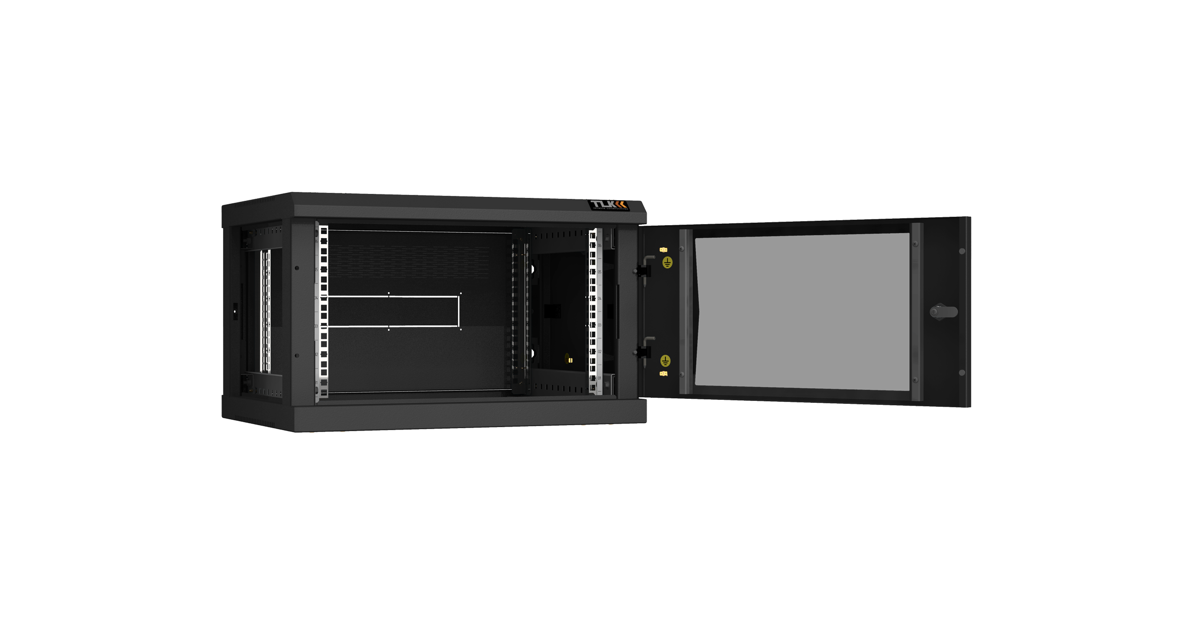Настенный разборный шкаф NIKOMAX 19", 6U, стеклянная дверь, Ш600хВ370хГ450мм, 2 пары монтажных направляющих, черный — фото