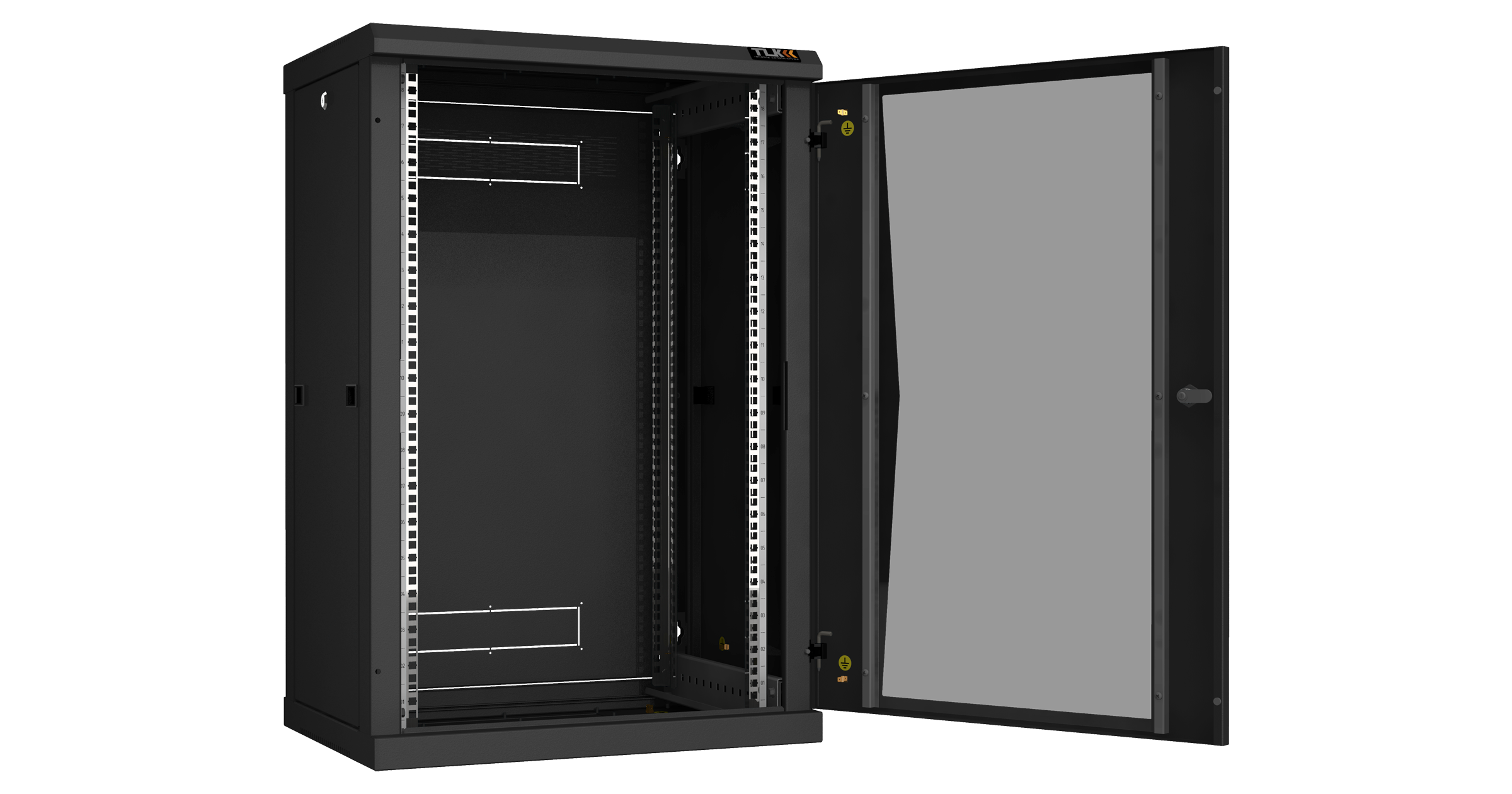 Настенный разборный шкаф NIKOMAX 19", 18U, стеклянная дверь, Ш600хВ904хГ450мм, 2 пары монтажных направляющих, черный — фото