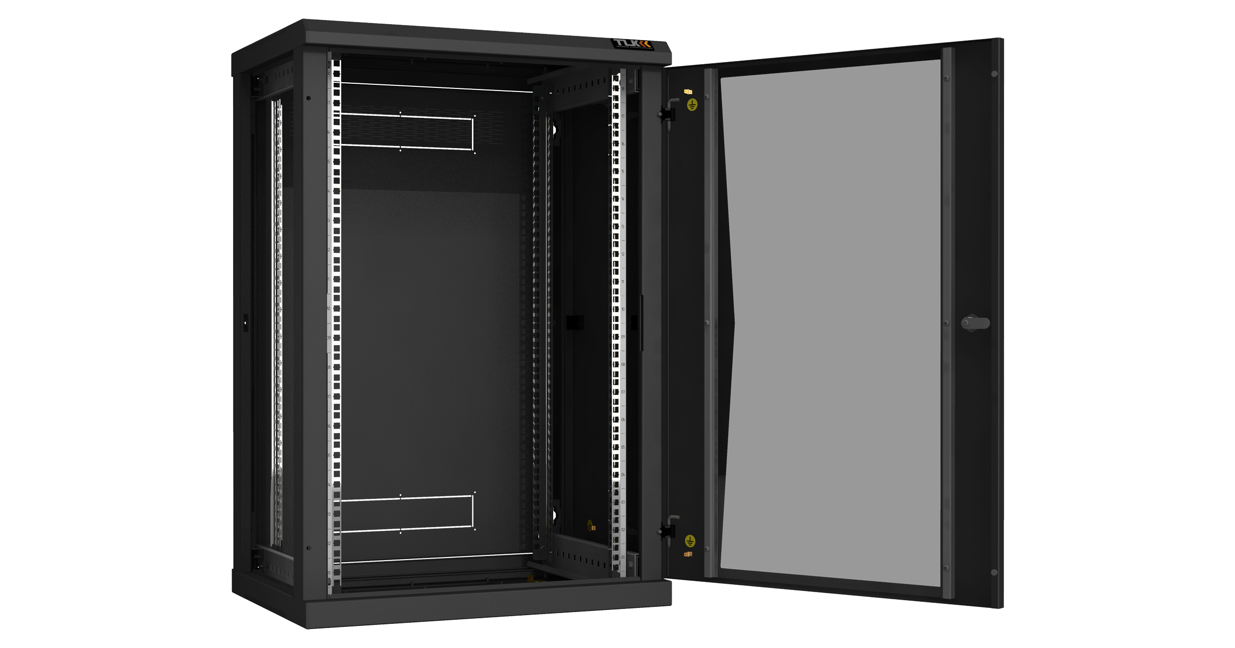 Настенный разборный шкаф NIKOMAX 19", 18U, стеклянная дверь, Ш600хВ904хГ450мм, 2 пары монтажных направляющих, черный — фото
