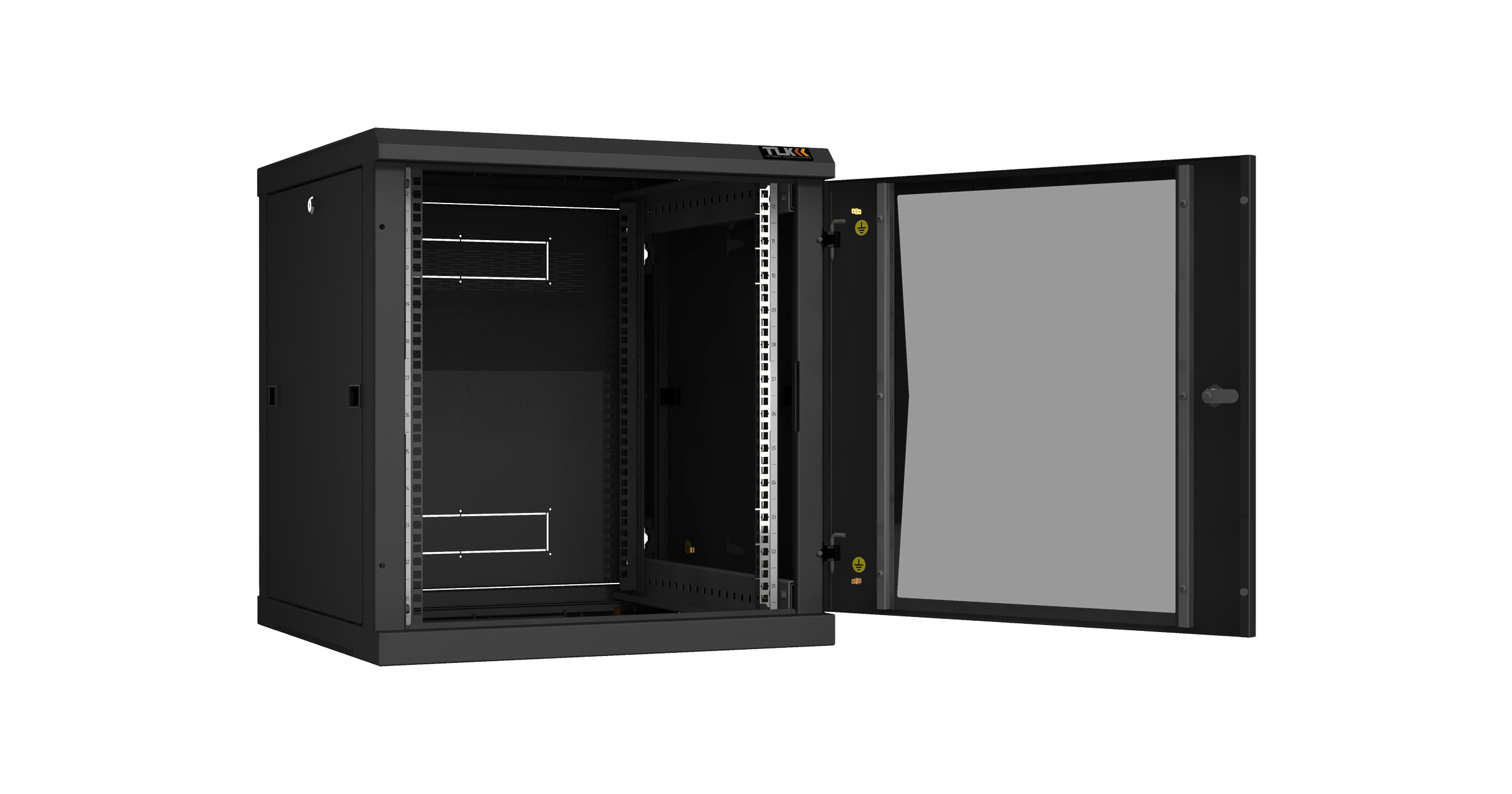 Настенный разборный шкаф NIKOMAX 19", 12U, стеклянная дверь, Ш600хВ636хГ600мм, 2 пары монтажных направляющих, черный — фото