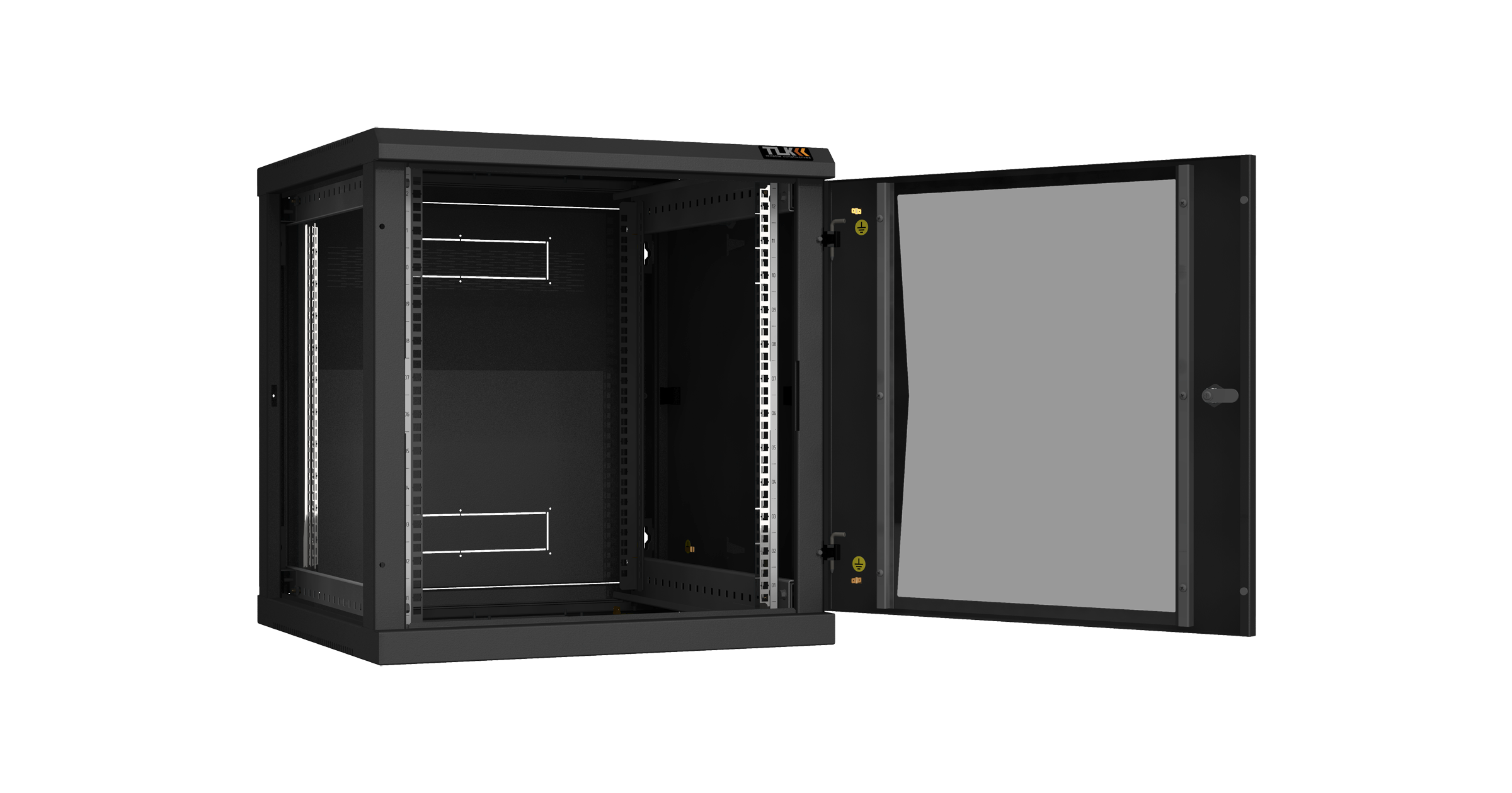 Настенный разборный шкаф NIKOMAX 19", 12U, стеклянная дверь, Ш600хВ636хГ600мм, 2 пары монтажных направляющих, черный — фото