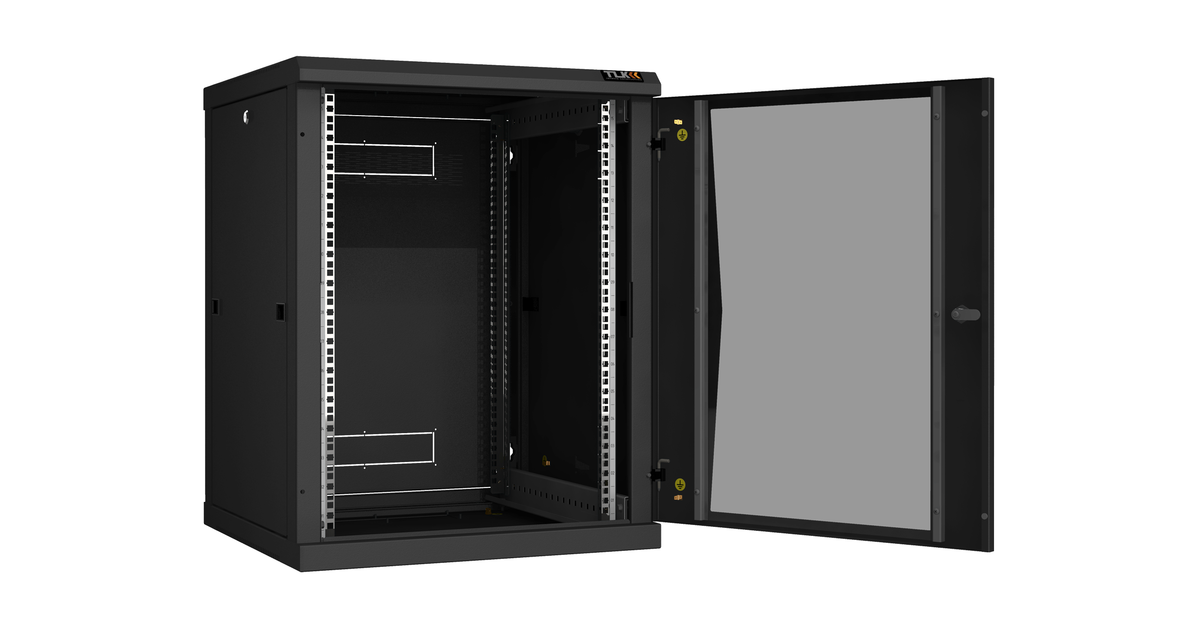 Настенный разборный шкаф NIKOMAX 19", 15U, стеклянная дверь, Ш600хВ770хГ600мм, 2 пары монтажных направляющих, черный — фото
