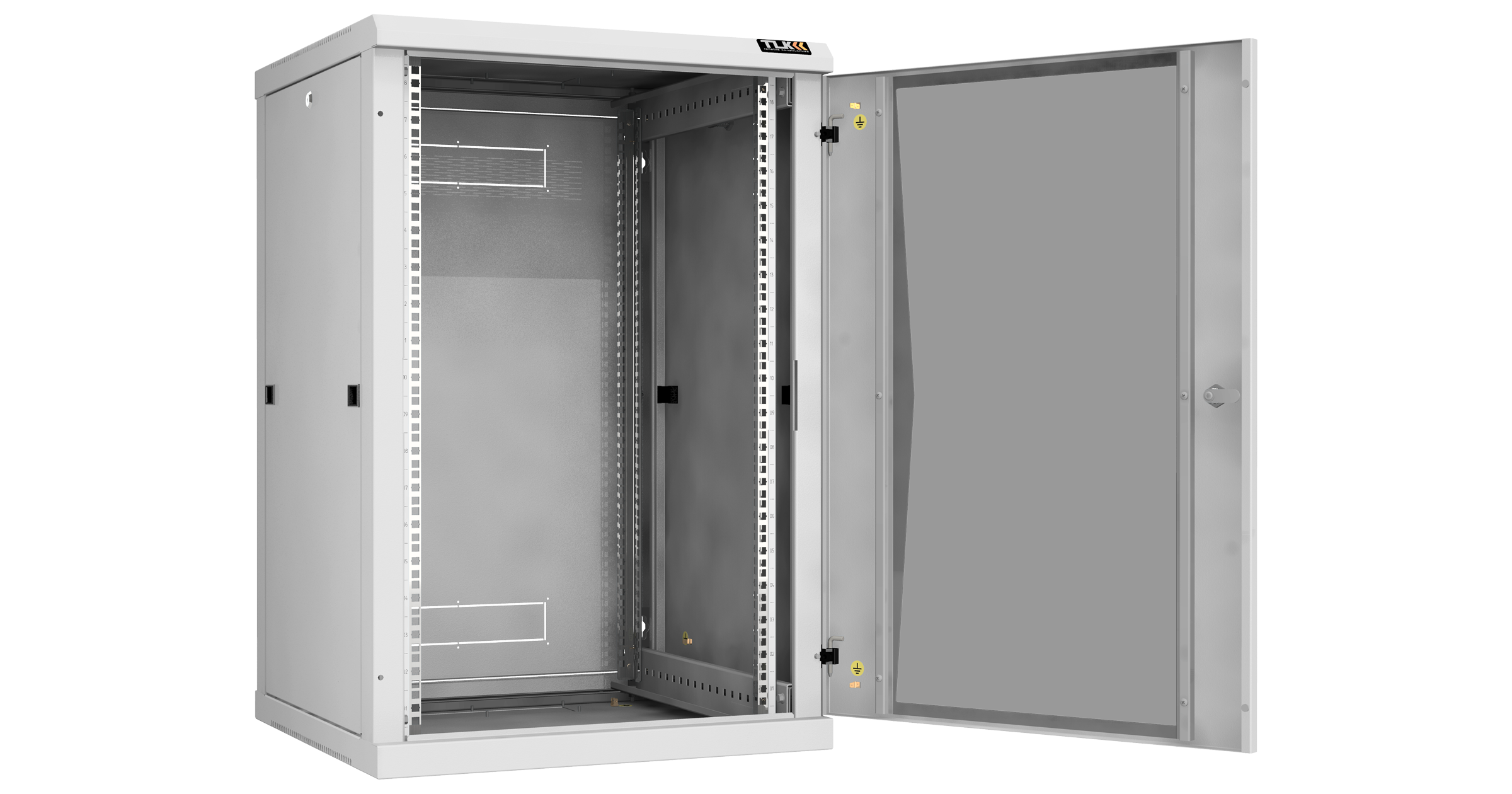 Настенный разборный шкаф NIKOMAX 19", 18U, стеклянная дверь, Ш600хВ904хГ600мм, 2 пары монтажных направляющих, серый — фото
