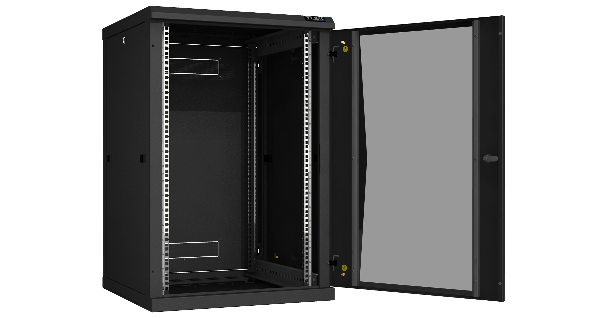Настенный разборный шкаф NIKOMAX 19", 18U, стеклянная дверь, Ш600хВ904хГ600мм, 2 пары монтажных направляющих, черный — фото