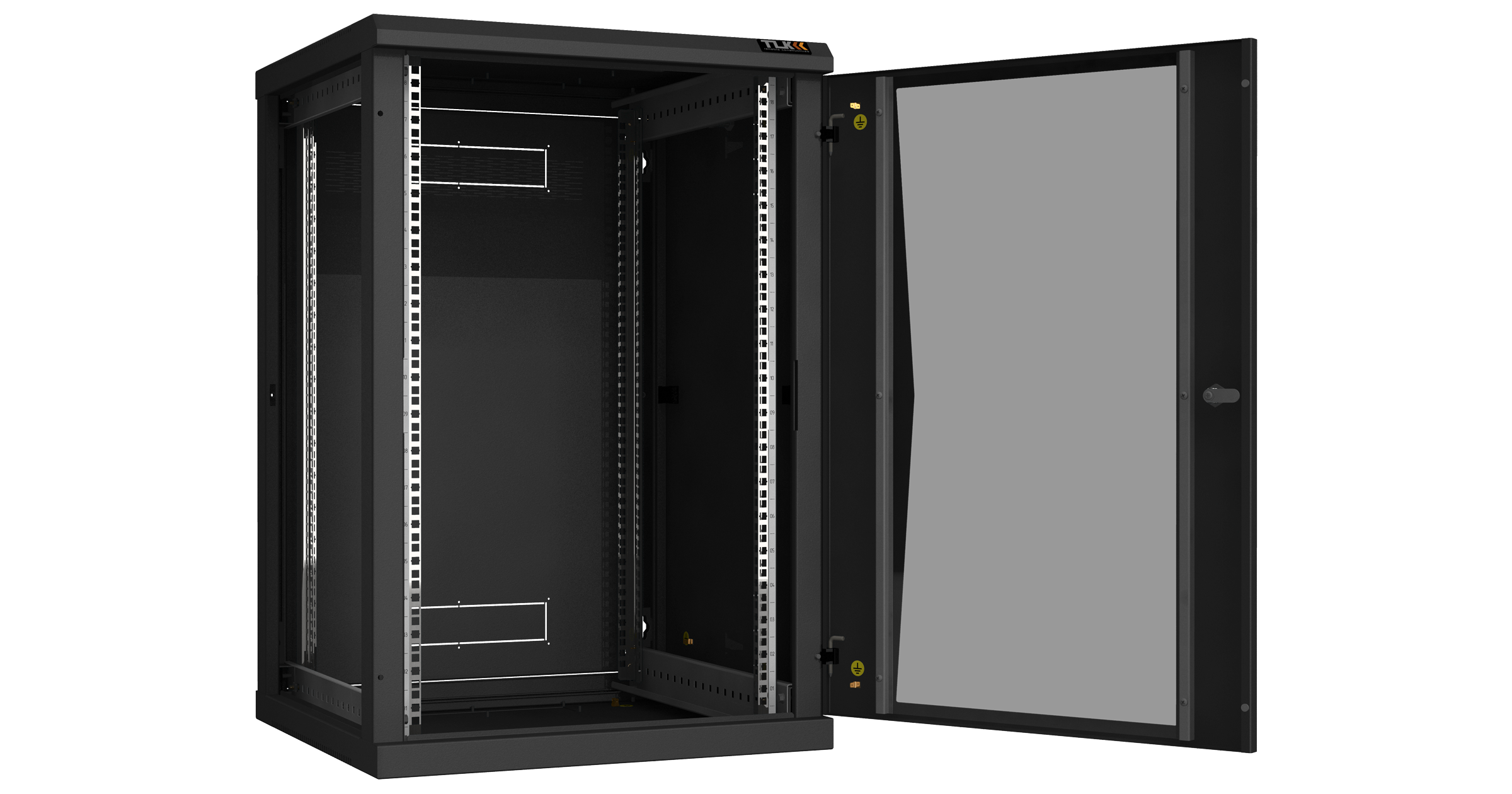 Настенный разборный шкаф NIKOMAX 19", 18U, стеклянная дверь, Ш600хВ904хГ600мм, 2 пары монтажных направляющих, черный — фото