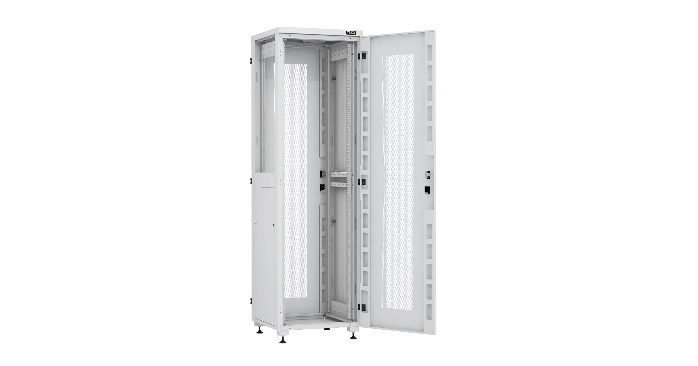 Напольный шкаф NIKOMAX Essential Line серии TFI-R 19", 42U, перфорированные передняя и задняя двери с ручкой и замком, боковые двухуровневые цельнометаллические панели, оснащены замками, Ш600хВ2042хГ600мм, в разобранном виде, серый RAL7035 — фото