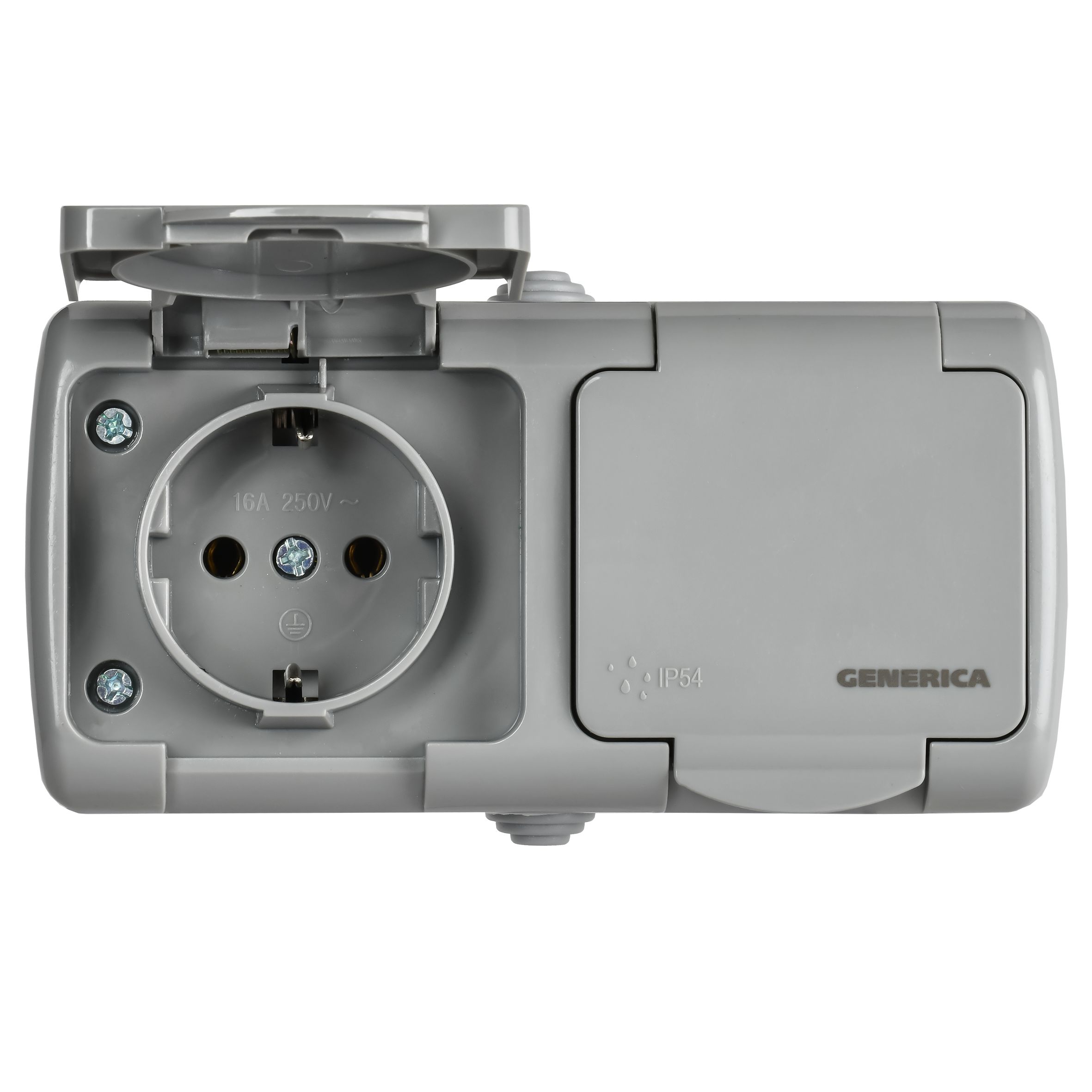 AQUATIC Розетка 2-местная с заземлением и крышкой для открытой установки 16А IP54 РСш22-2-А GENERICA — фото