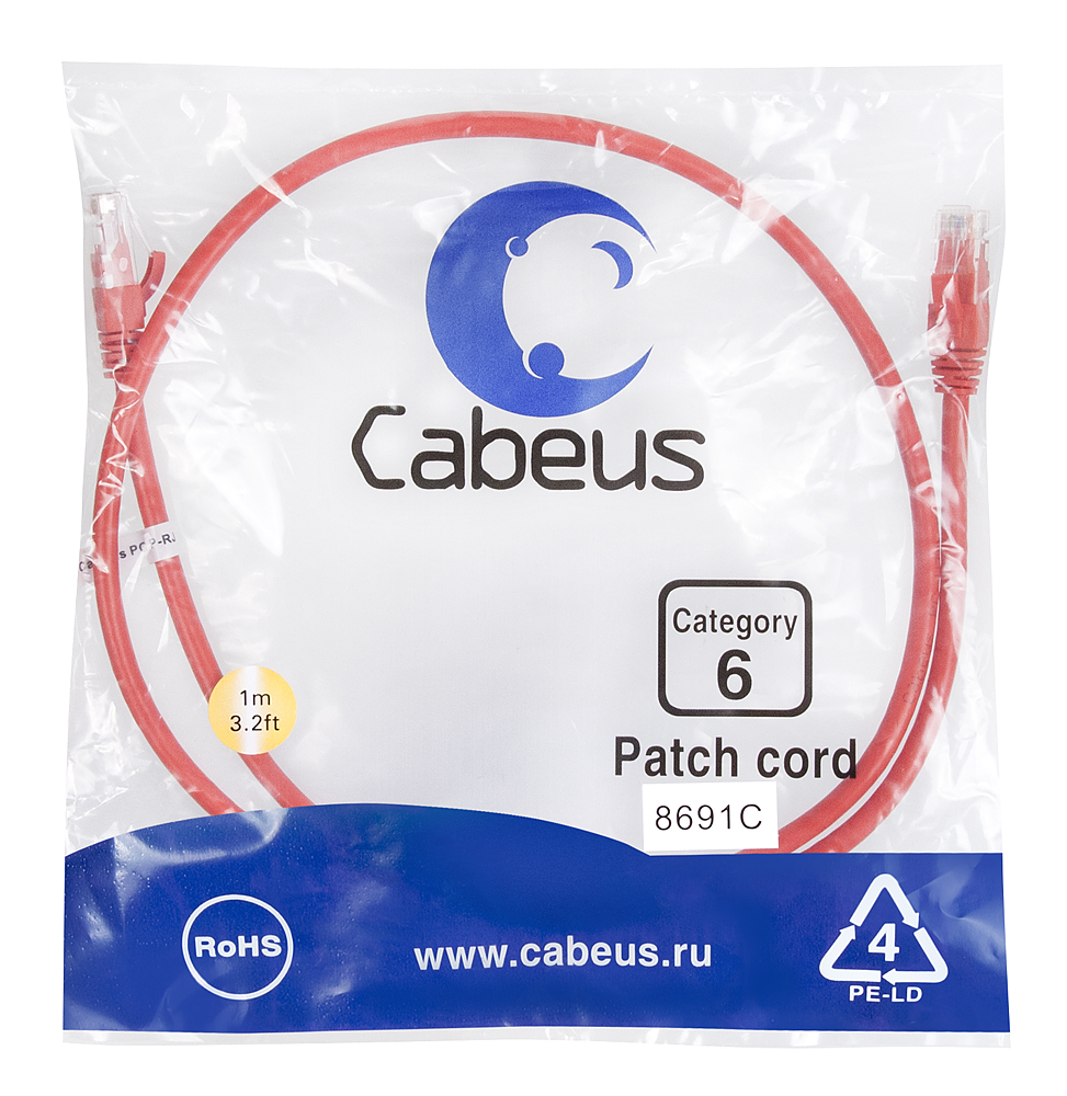 Патч-корд RJ45 UTP 6 Cabeus PC-UTP-RJ45-Cat.6-1m-RD PVC красный 1 метр — фото