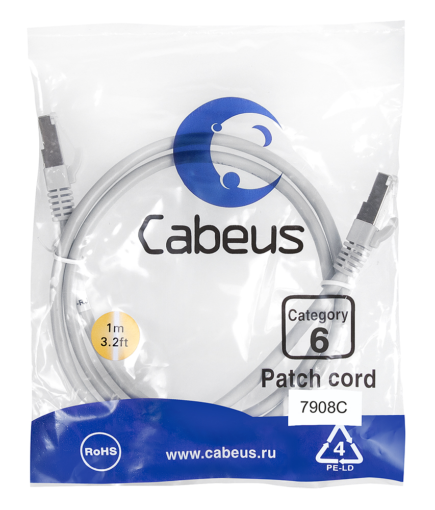 Патч-корд RJ45 F/UTP 6 Cabeus PC-FTP-RJ45-Cat.6-1m-LSZH LSZH серый 1 метр — фото