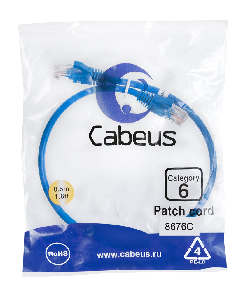 Патч-корд RJ45 UTP 6 Cabeus PC-UTP-RJ45-Cat.6-0.5m-BL PVC синий 0.5 метра — фото