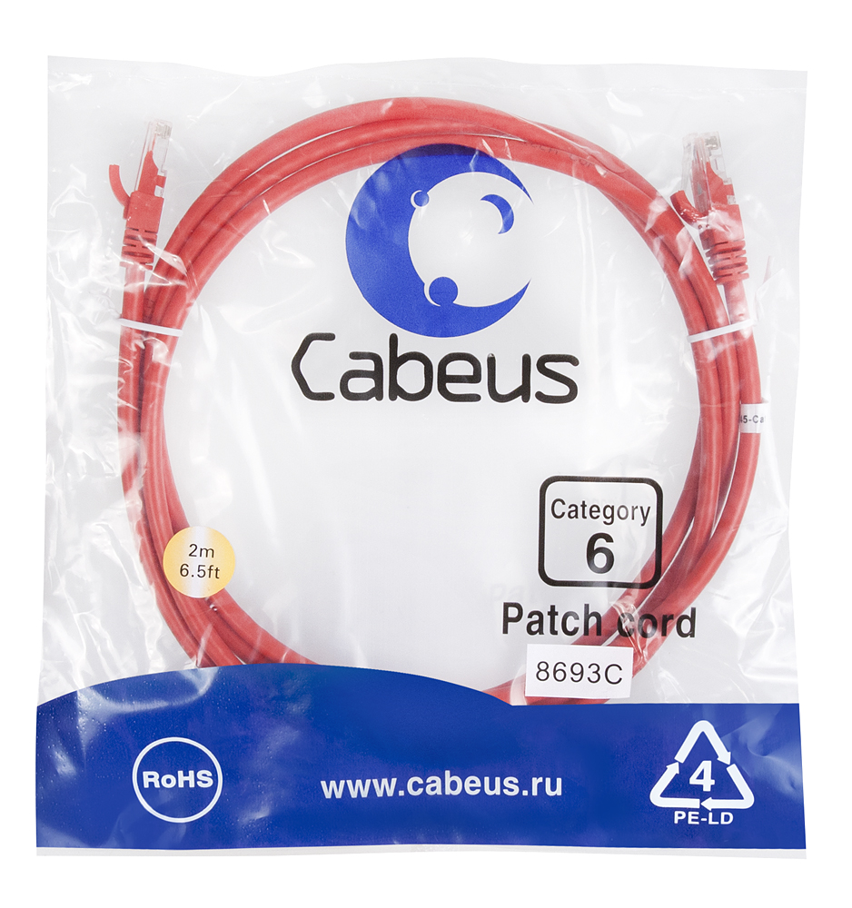 Патч-корд RJ45 UTP 6 Cabeus PC-UTP-RJ45-Cat.6-2m-RD PVC красный 2 метра — фото