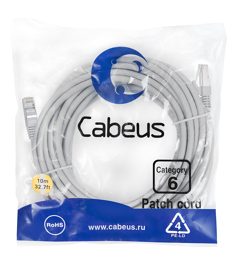 Патч-корд RJ45 F/UTP 6 Cabeus PC-FTP-RJ45-Cat.6-10m-LSZH LSZH серый 10 метров — фото