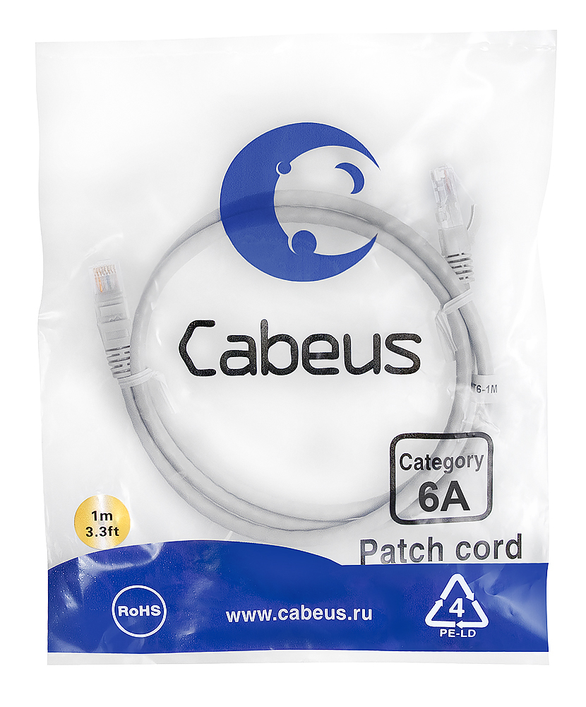 Патч-корд RJ45 UTP 6a Cabeus PC-UTP-RJ45-Cat.6a-1m-LSZH LSZH серый 1 метр — фото