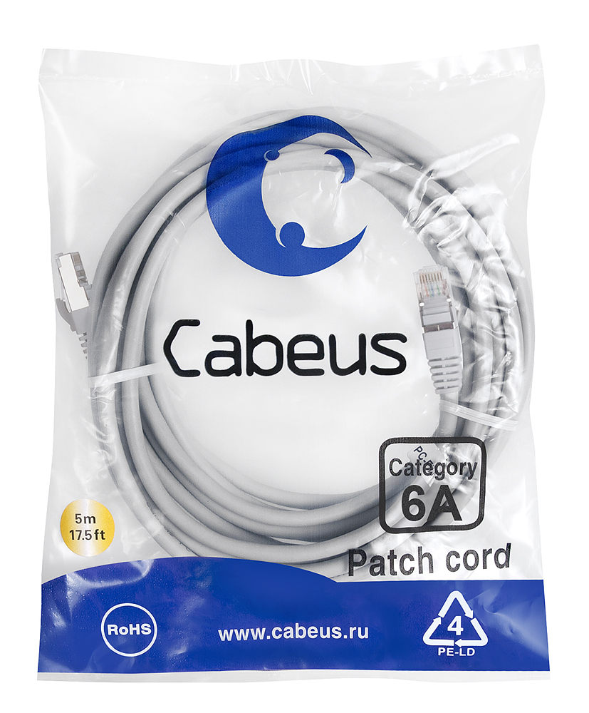 Патч-корд RJ45 S/FTP 6a Cabeus PC-SSTP-RJ45-Cat.6a-5m-LSZH LSZH серый 5 метров — фото