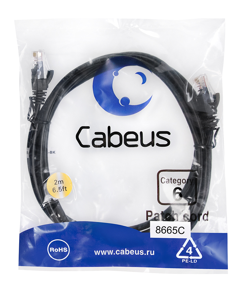 Патч-корд RJ45 UTP 6 Cabeus PC-UTP-RJ45-Cat.6-2m-BK PVC черный 2 метра — фото