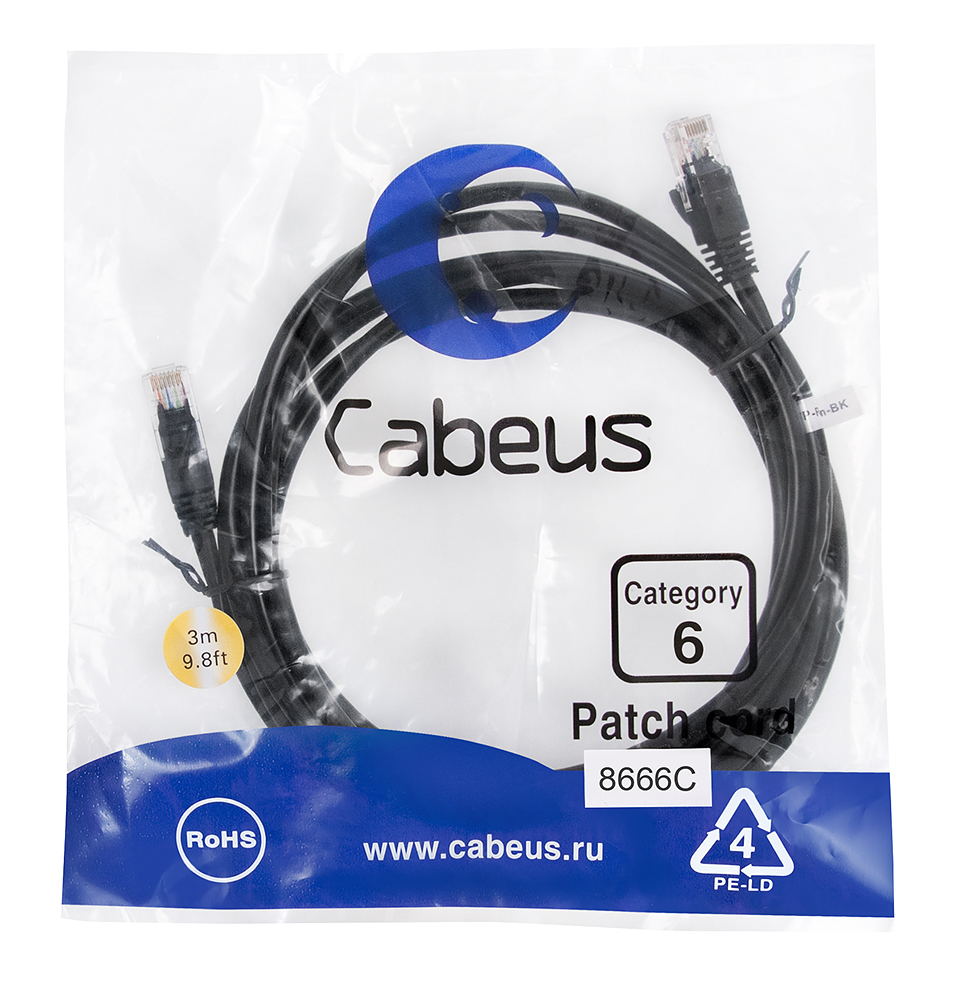 Патч-корд RJ45 UTP 6 Cabeus PC-UTP-RJ45-Cat.6-3m-BK PVC черный 3 метра — фото