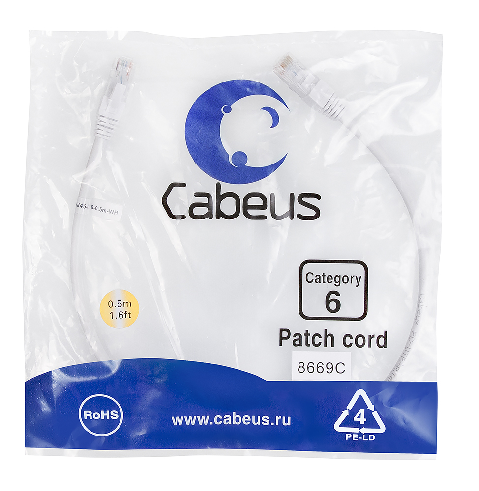 Патч-корд RJ45 UTP 6 Cabeus PC-UTP-RJ45-Cat.6-0.5m-WH PVC белый 0.5 метра — фото