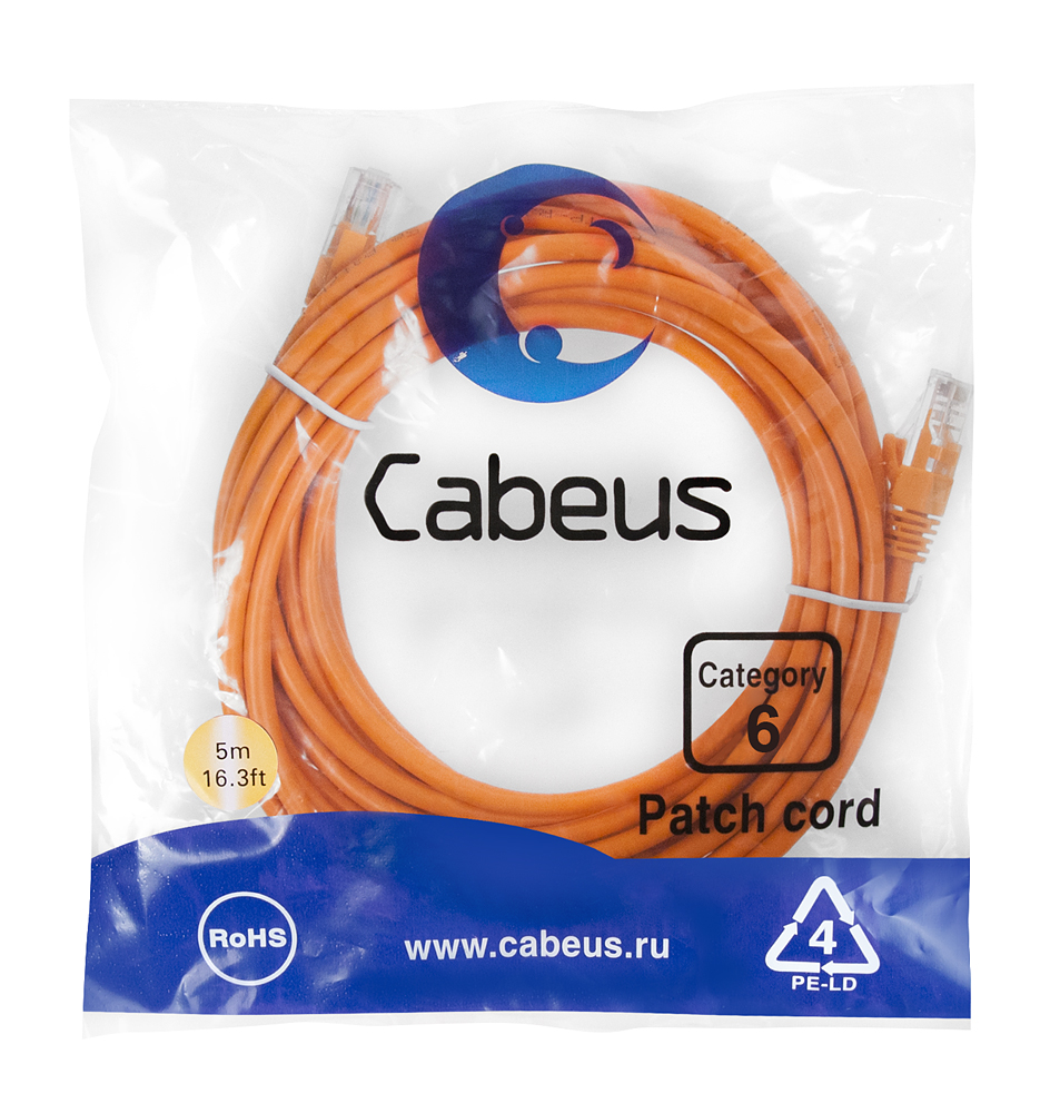 Патч-корд RJ45 UTP 6 Cabeus PC-UTP-RJ45-Cat.6-5m-OR PVC оранжевый 5 метров — фото