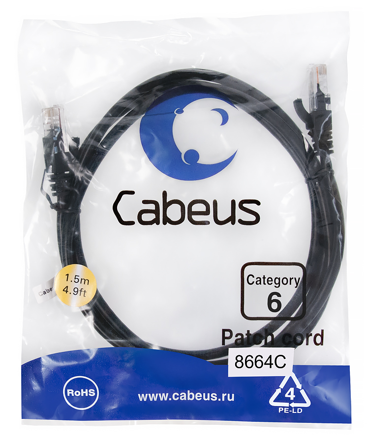Патч-корд RJ45 UTP 6 Cabeus PC-UTP-RJ45-Cat.6-1.5m-BK PVC черный 1.5 метра — фото