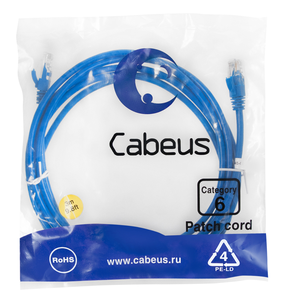 Патч-корд RJ45 UTP 6 Cabeus PC-UTP-RJ45-Cat.6-3m-BL PVC синий 3 метра — фото