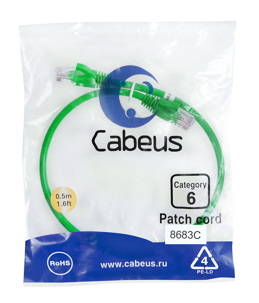 Патч-корд RJ45 UTP 6 Cabeus PC-UTP-RJ45-Cat.6-0.5m-GN PVC зеленый 0.5 метра — фото