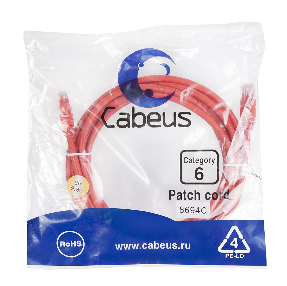 Патч-корд RJ45 UTP 6 Cabeus PC-UTP-RJ45-Cat.6-3m-RD PVC красный 3 метра — фото