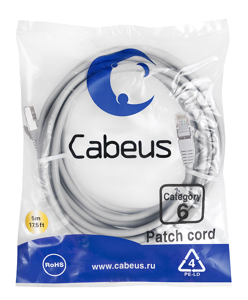 Патч-корд RJ45 F/UTP 6 Cabeus PC-FTP-RJ45-Cat.6-5m-LSZH LSZH серый 5 метров — фото