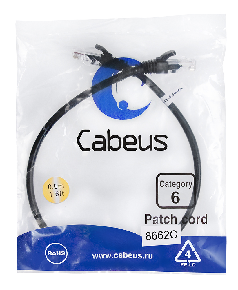 Патч-корд RJ45 UTP 6 Cabeus PC-UTP-RJ45-Cat.6-0.5m-BK PVC черный 0.5 метра — фото